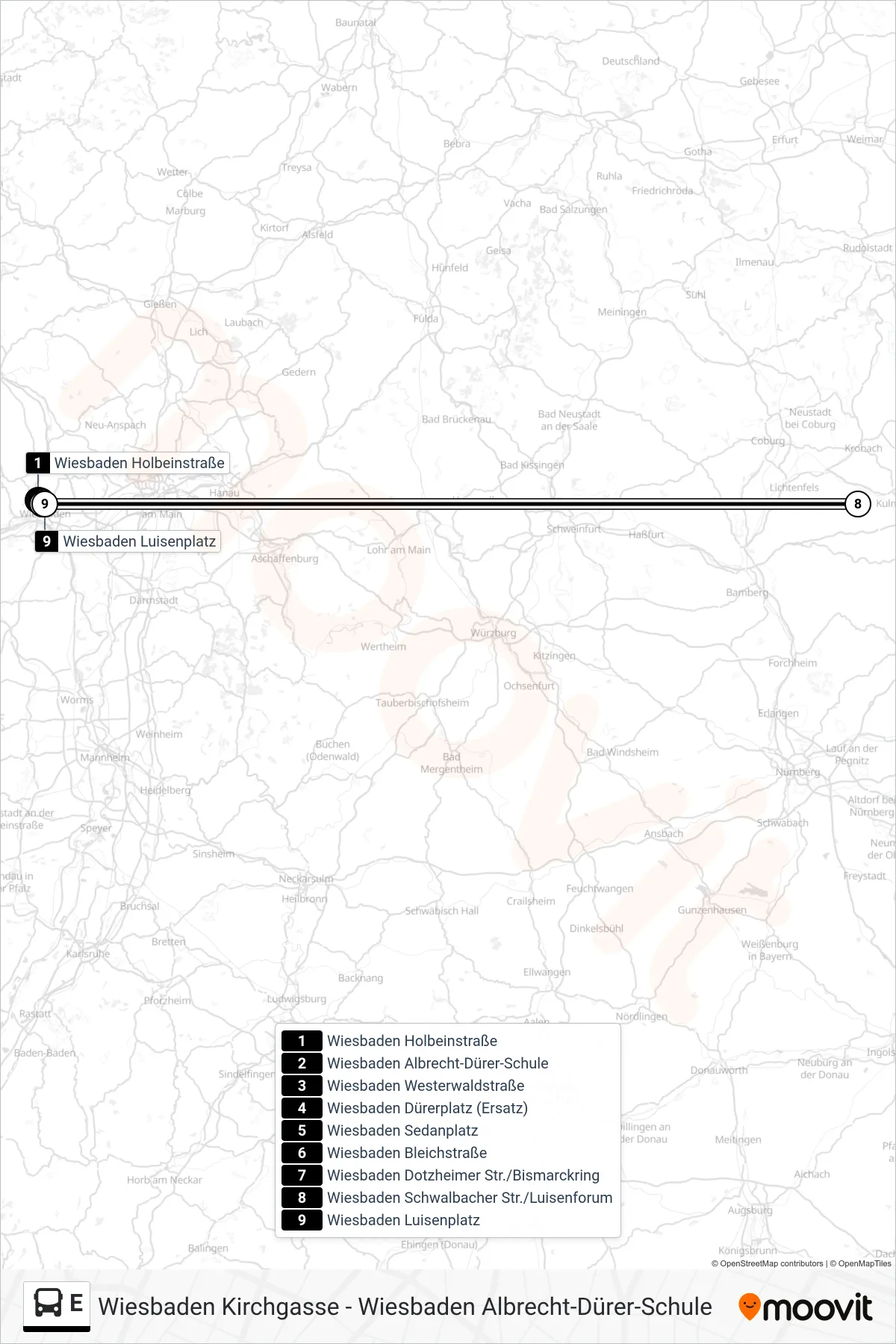 E bus Line (Wiesbaden Luisenplatz) route and stops on a map