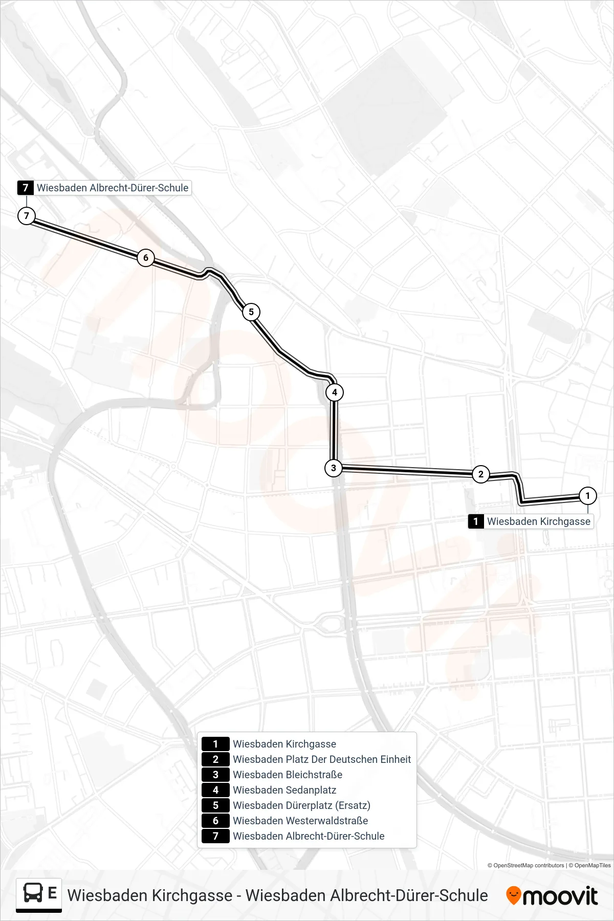 Linie E (Bus) Richtung Wiesbaden Albrecht-Dürer-Schule: Route und Haltestellen auf der Karte