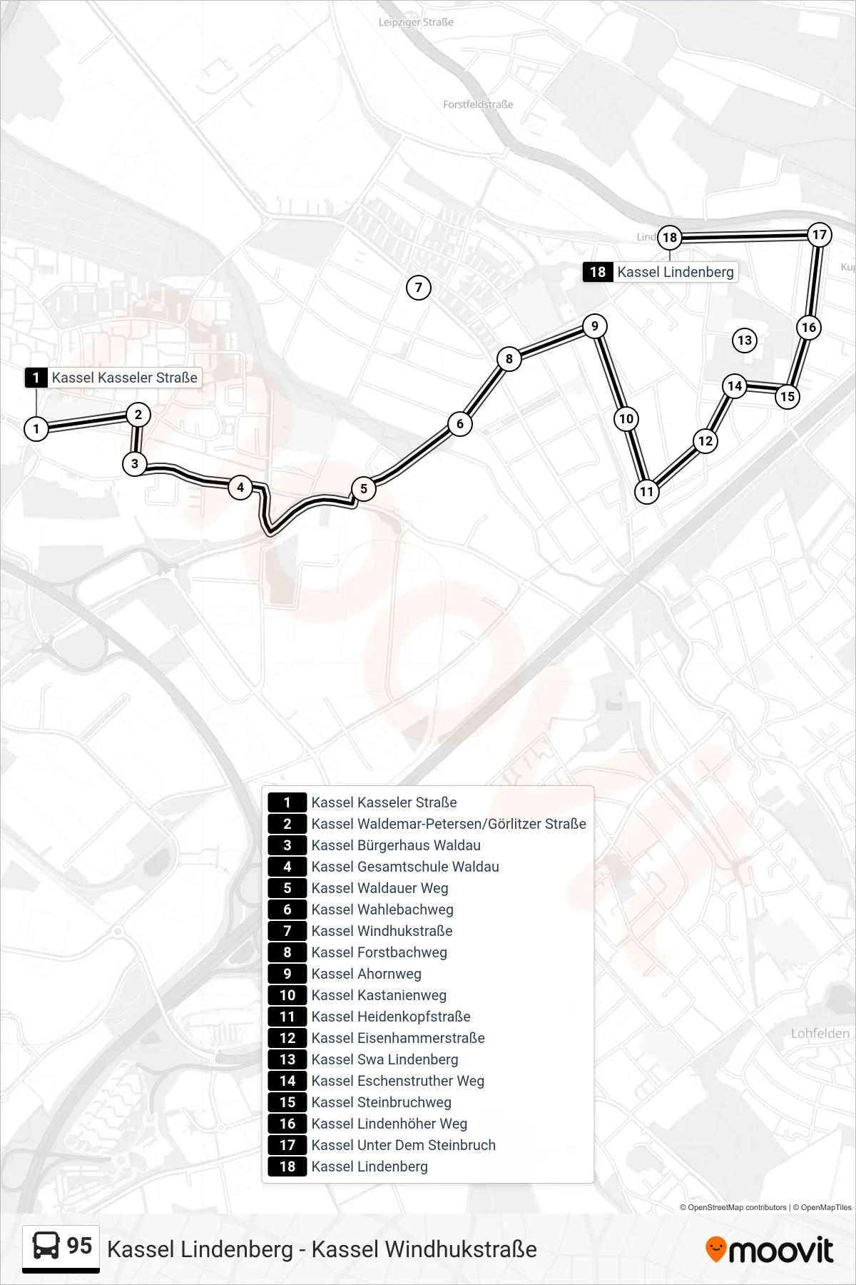 95 bus Line (Kassel Lindenberg) route and stops on a map