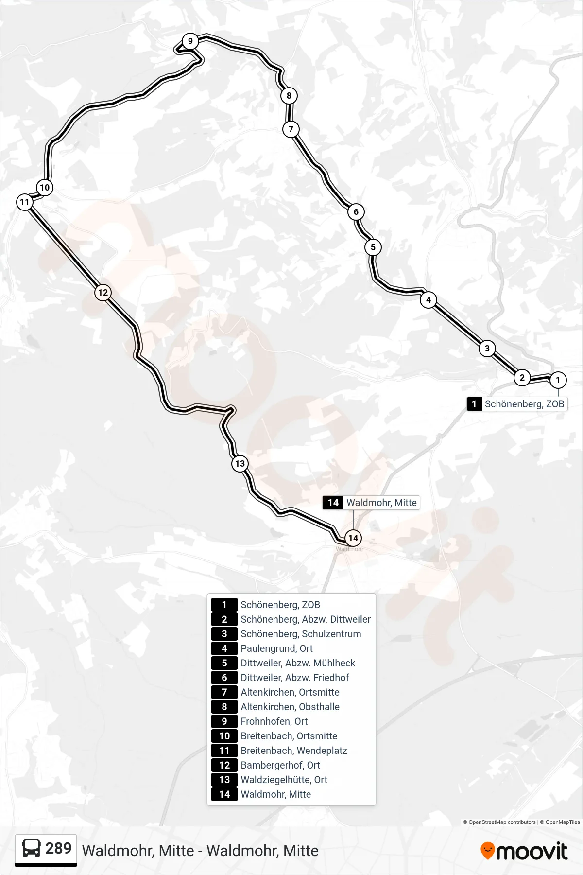 Linie 289 (Bus) Richtung Waldmohr, Mitte: Route und Haltestellen auf der Karte
