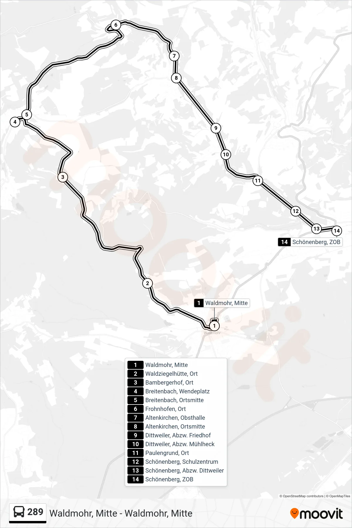 289 bus Line (Schönenberg, ZOB) route and stops on a map
