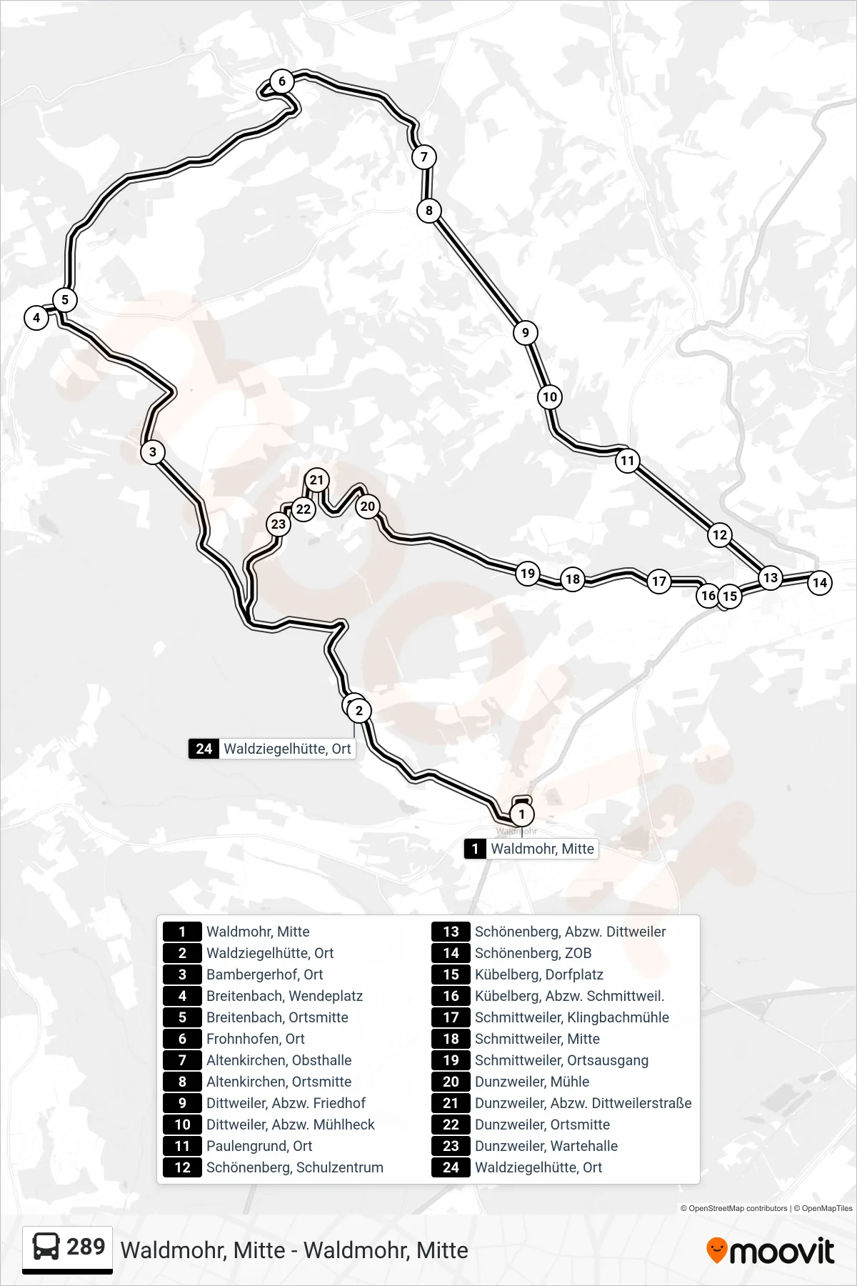 289 bus Line (Waldmohr, Mitte) route and stops on a map