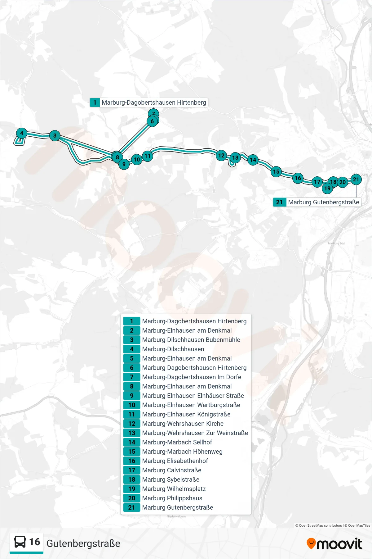 16 bus Line (Gutenbergstraße) route and stops on a map