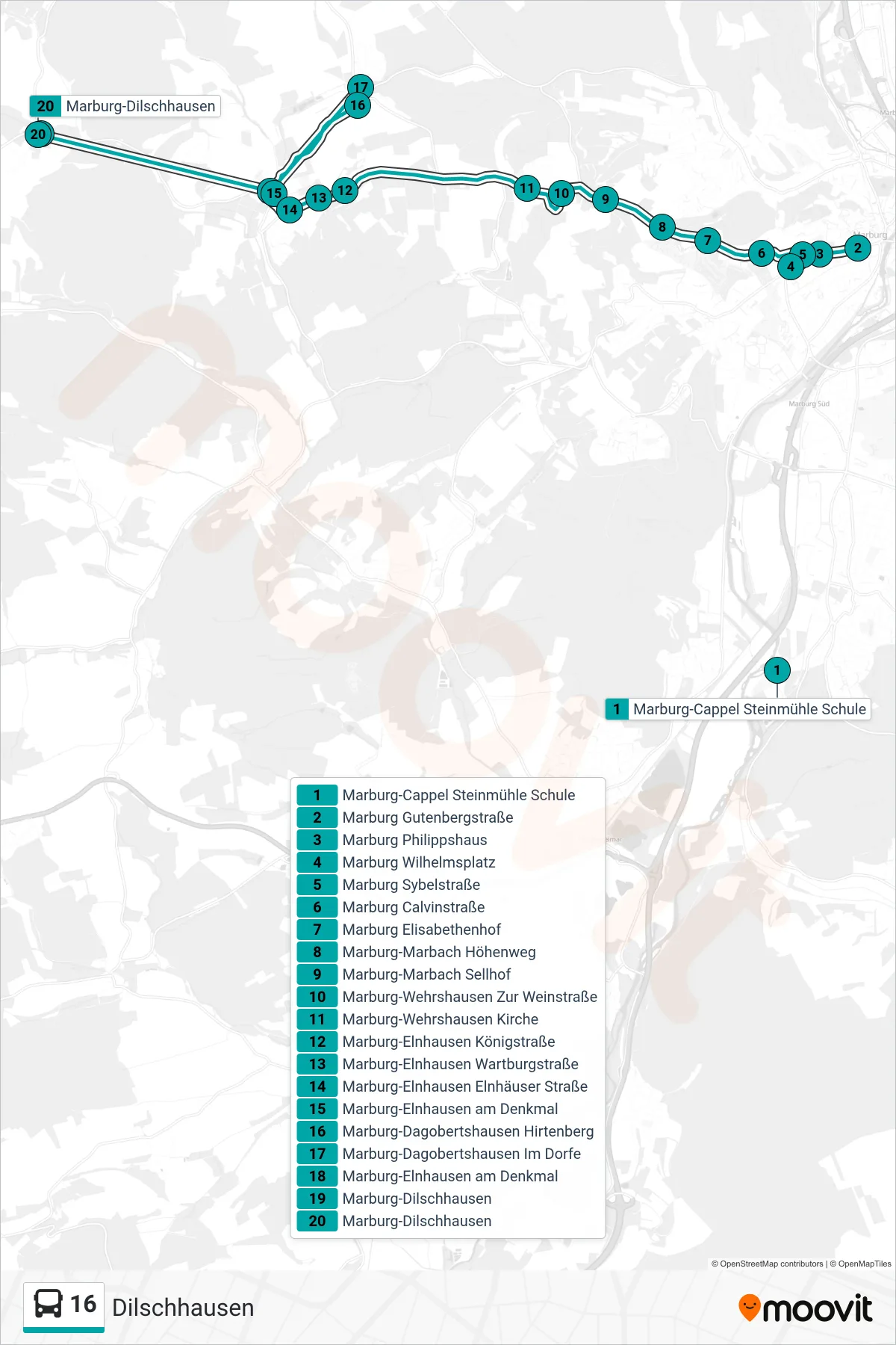 16 bus Line (Dilschhausen) route and stops on a map