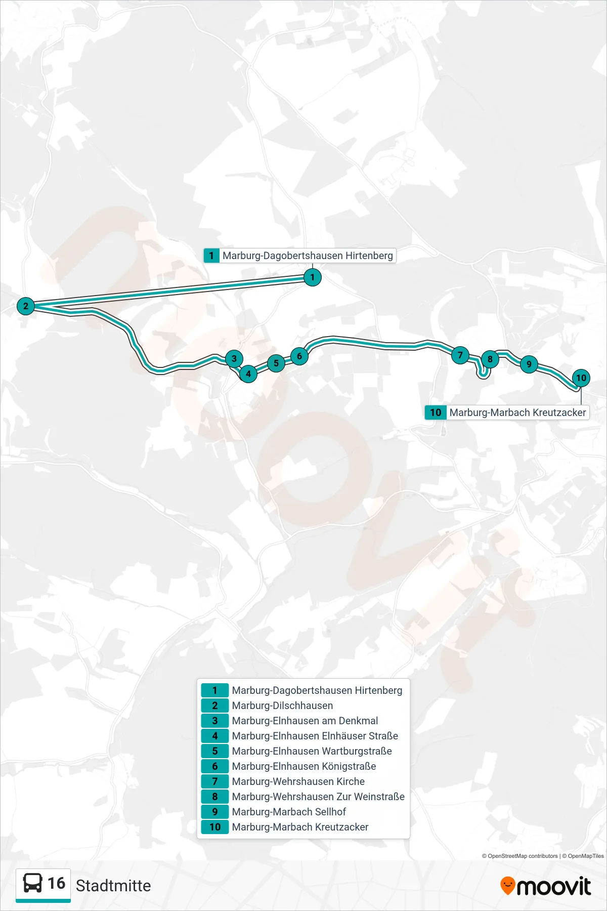 16 bus Line (Stadtmitte) route and stops on a map