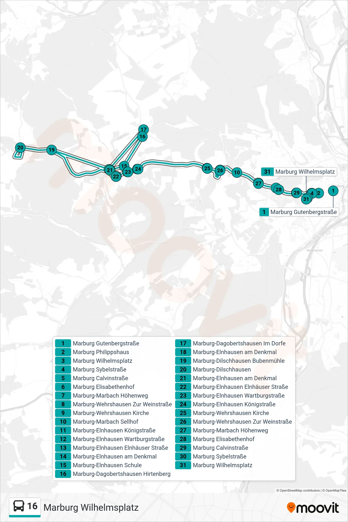 16 bus Line (Marburg Wilhelmsplatz) route and stops on a map