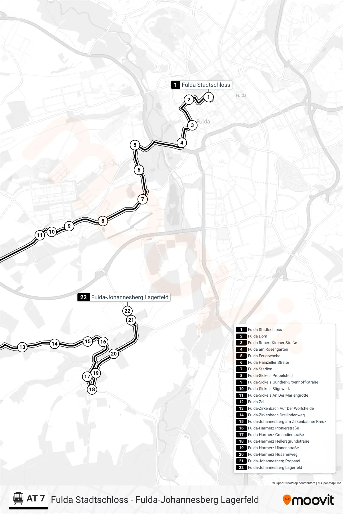 AT 7 cable car Line (Fulda-Johannesberg Lagerfeld) route and stops on a map