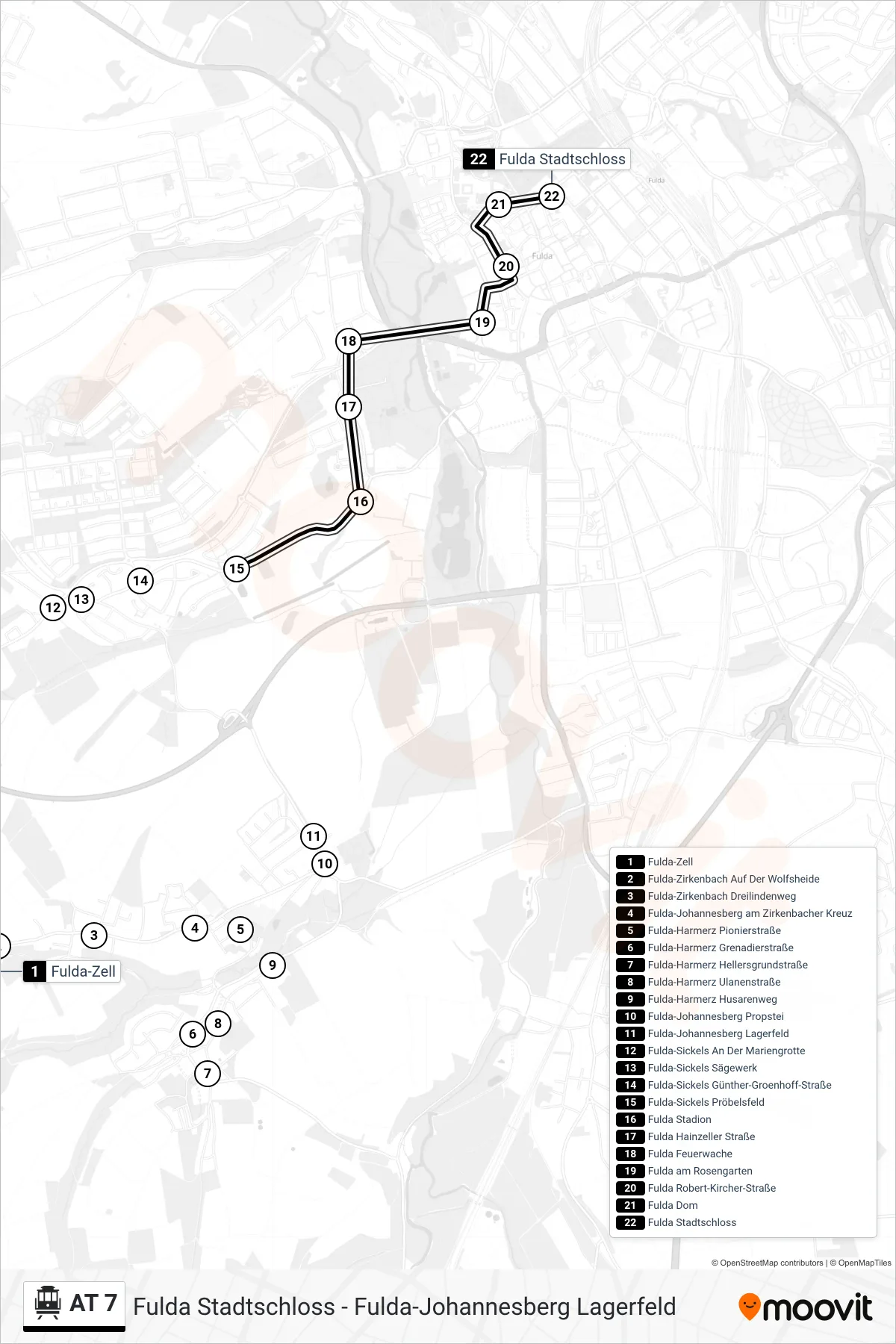 AT 7 S-Bahn Line (Fulda Stadtschloss) route and stops on a map