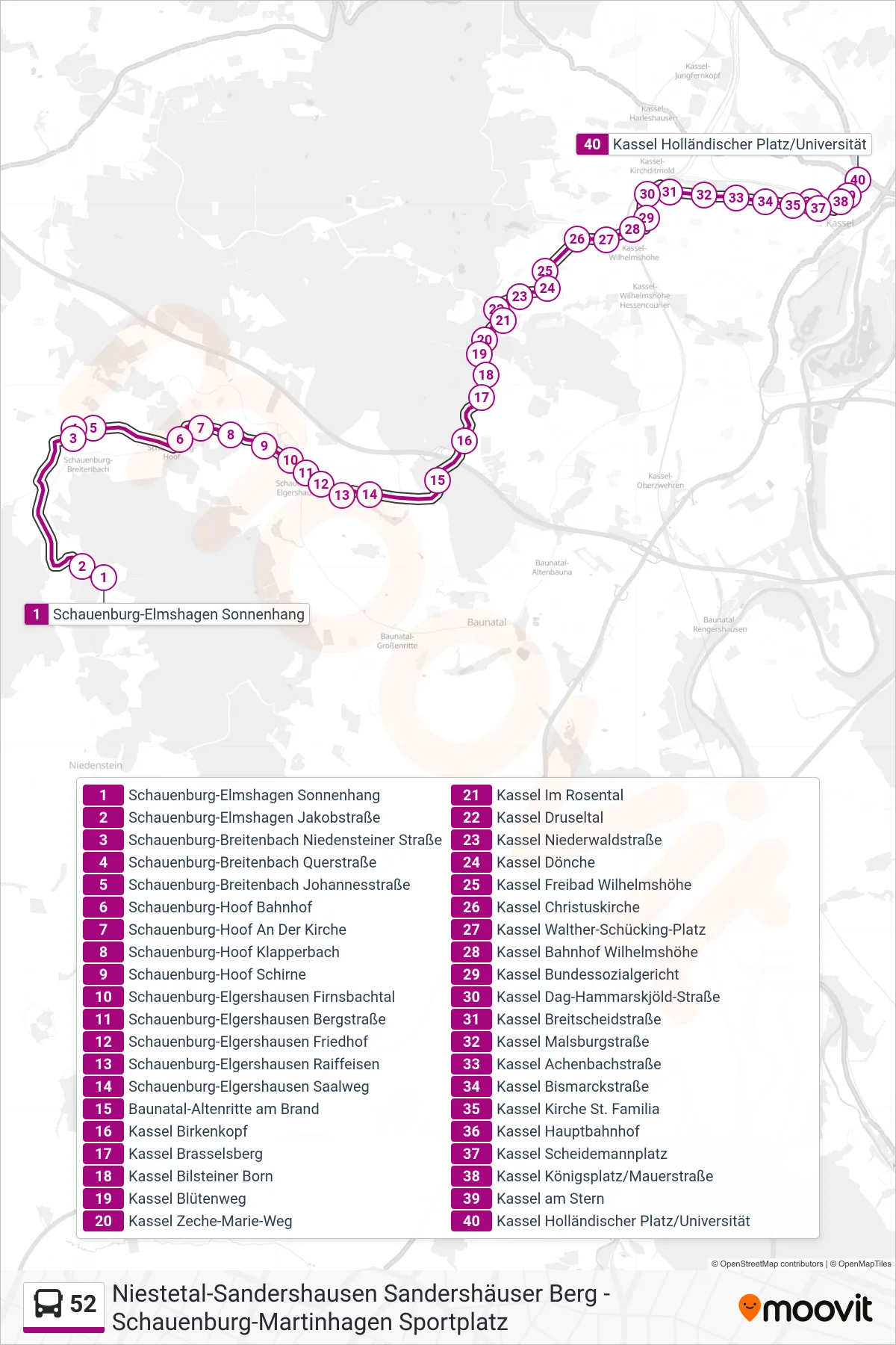 Linie 52 (Bus) Richtung Kassel Holländischer Platz/Universität: Route und Haltestellen auf der Karte