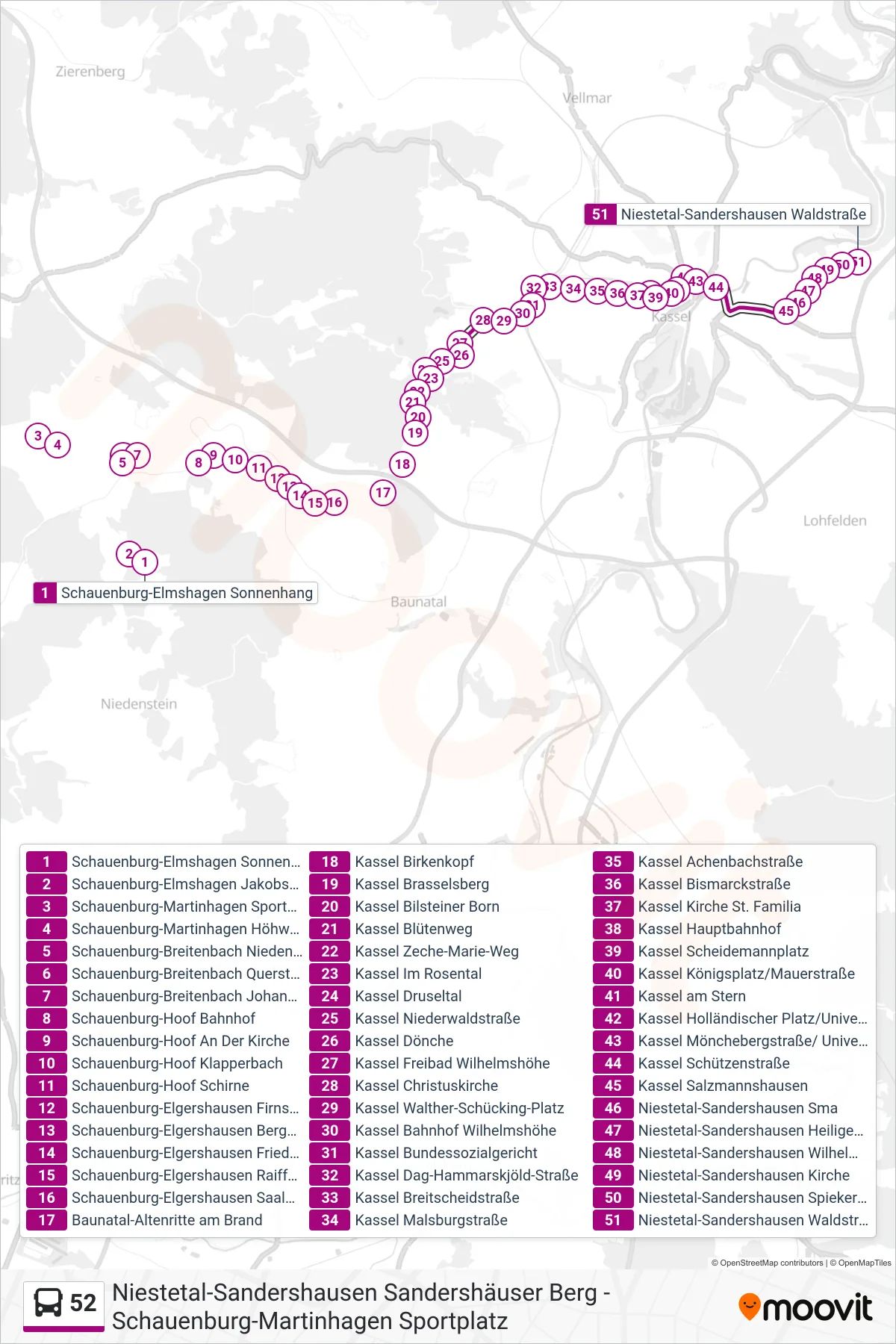 52 bus Line (Sandershausen) route and stops on a map