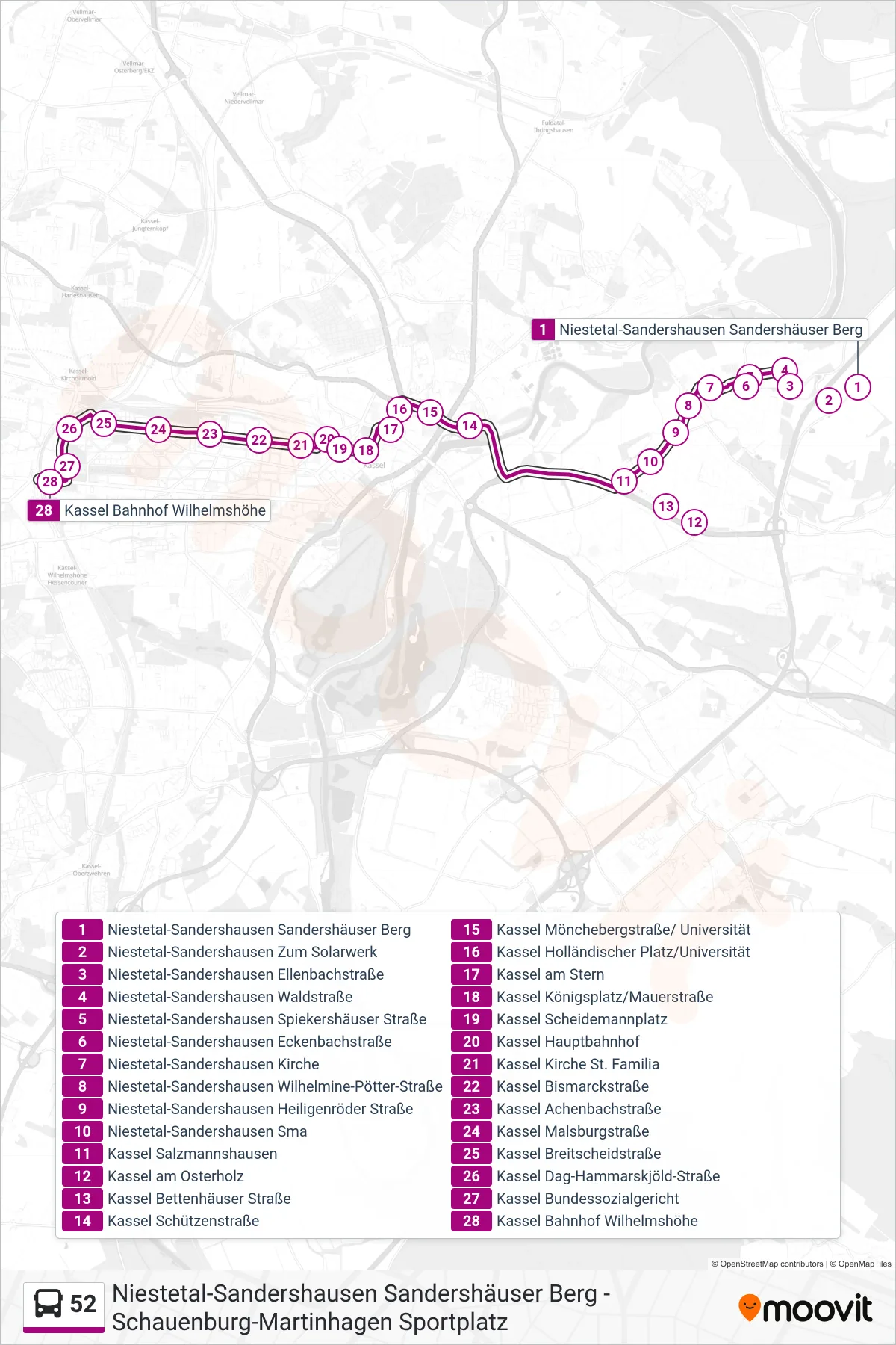 52 bus Line (Bf. Wilhelmshöhe) route and stops on a map