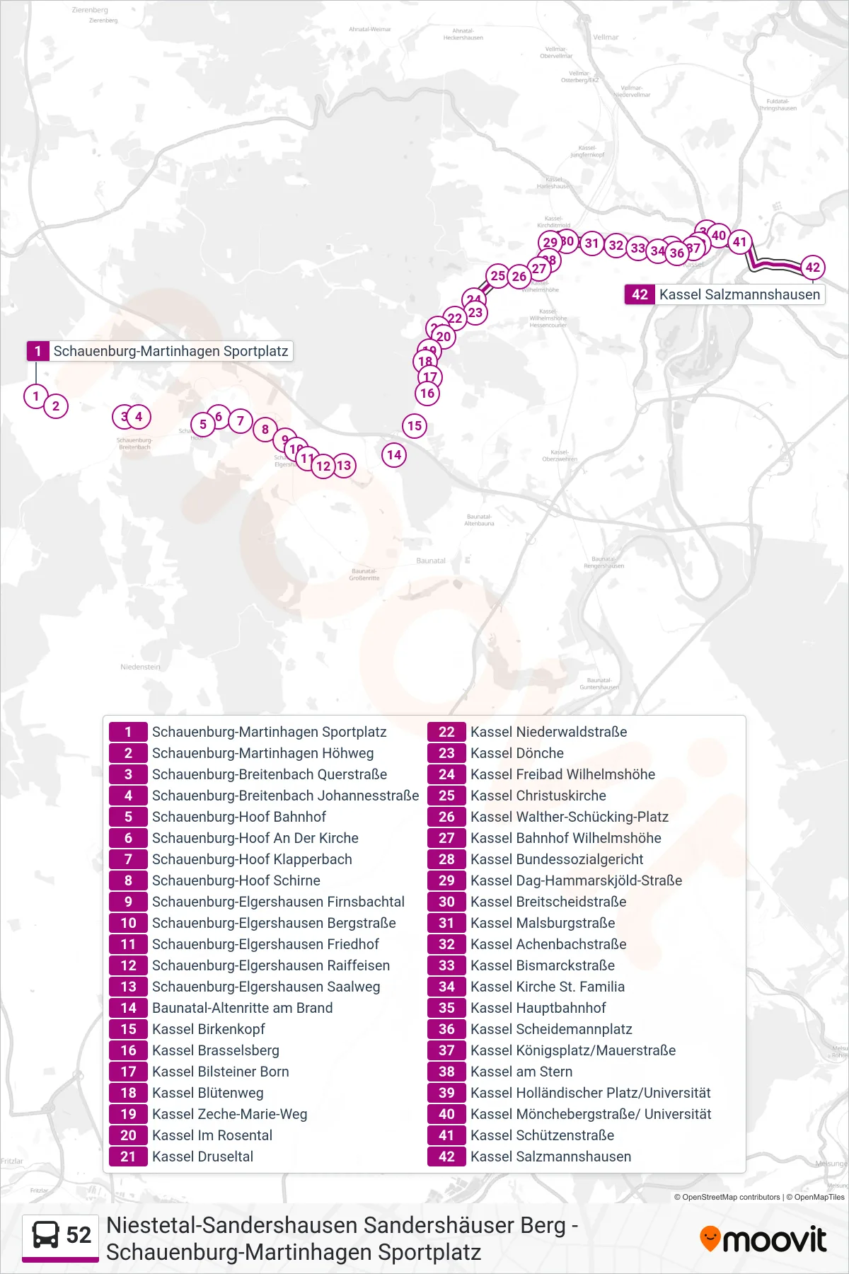 52 bus Line (Salzmannshausen) route and stops on a map