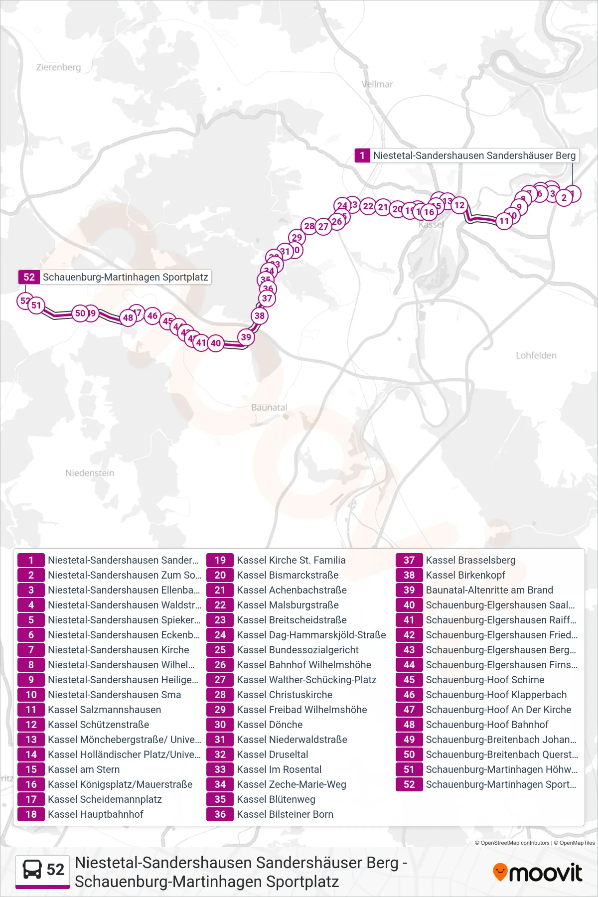 52 bus Line (Martinhagen) route and stops on a map