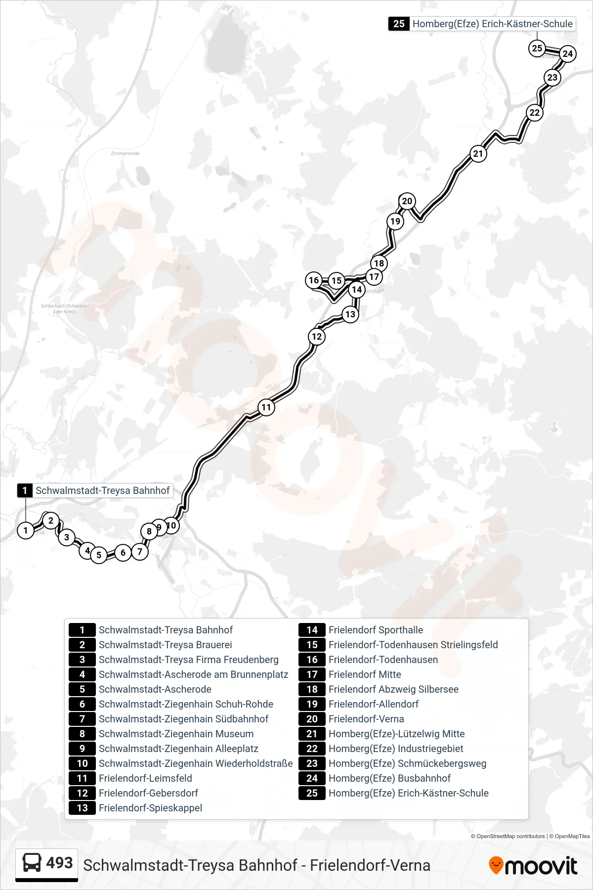 Linie 493 (Bus) Richtung Homberg(Efze) Erich-Kästner-Schule: Route und Haltestellen auf der Karte