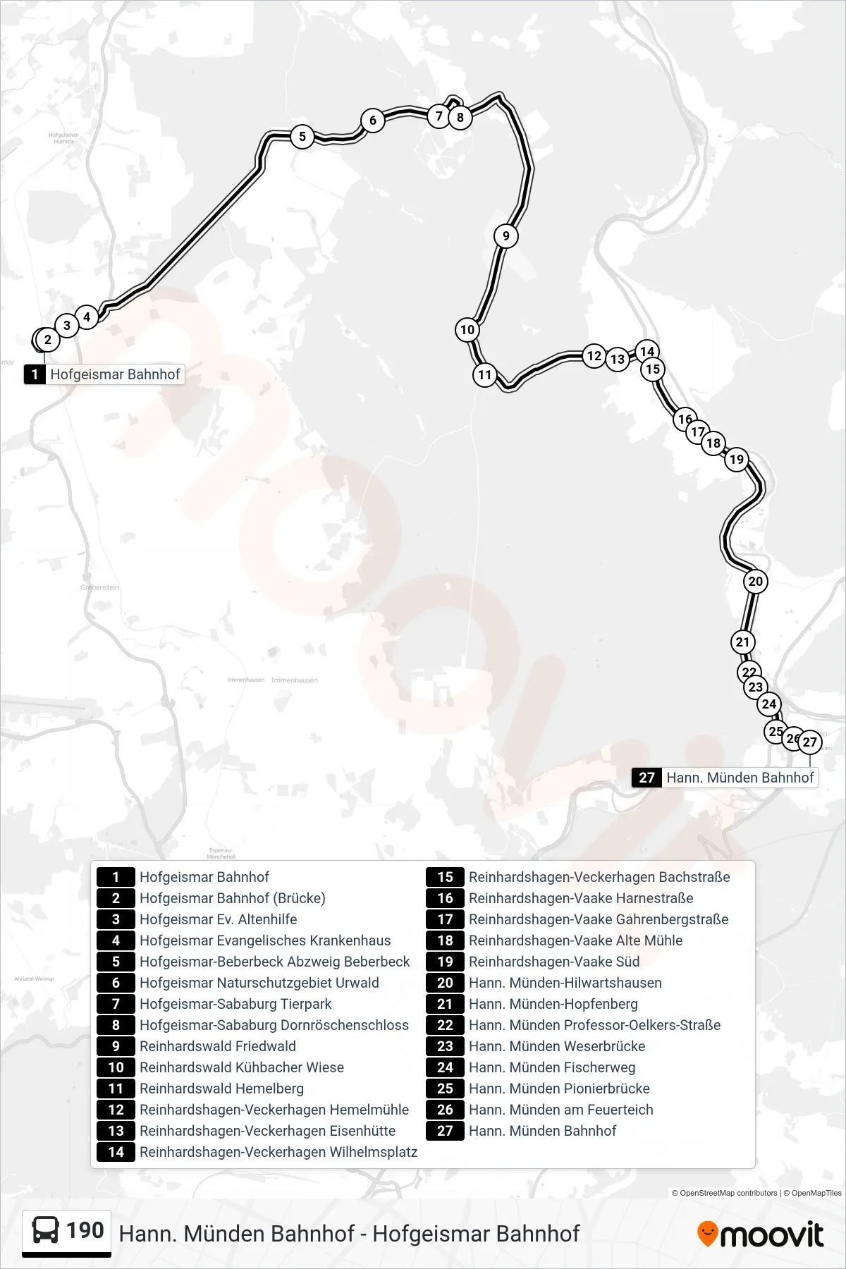 190 bus Line (Hann. Münden Bahnhof) route and stops on a map