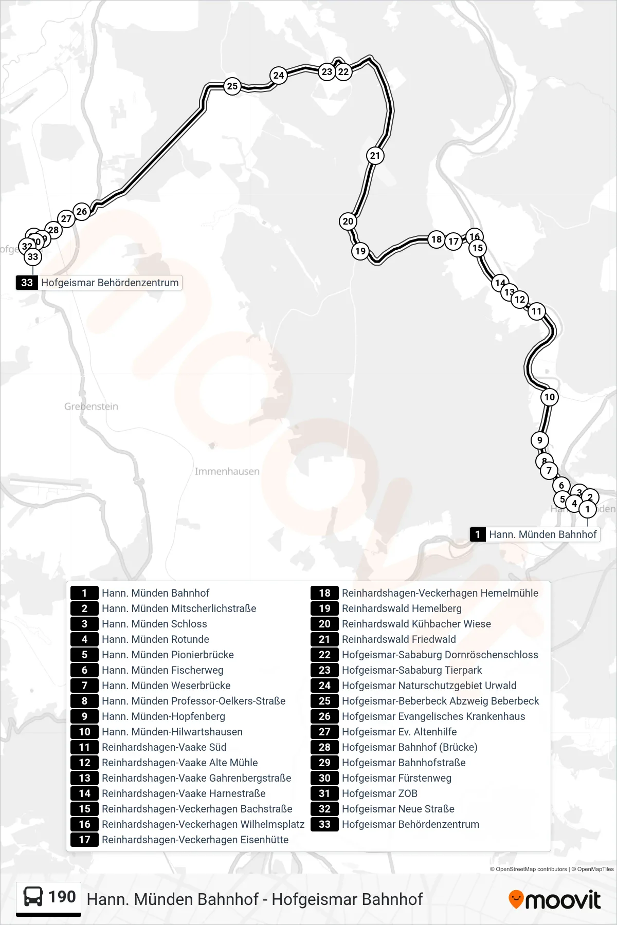 190 bus Line (Hofgeismar Behördenzentrum) route and stops on a map