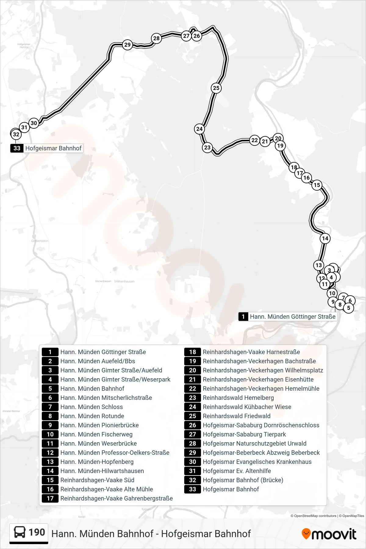 Linie 190 (Bus) Richtung Hofgeismar: Route und Haltestellen auf der Karte