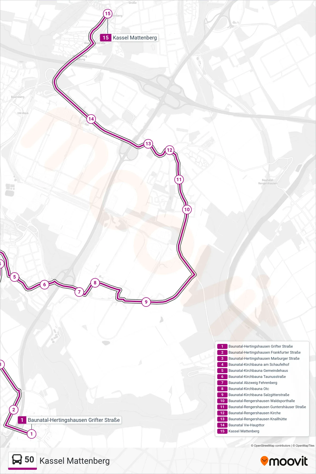 Linie 50 (Bus) Richtung Kassel Mattenberg: Route und Haltestellen auf der Karte