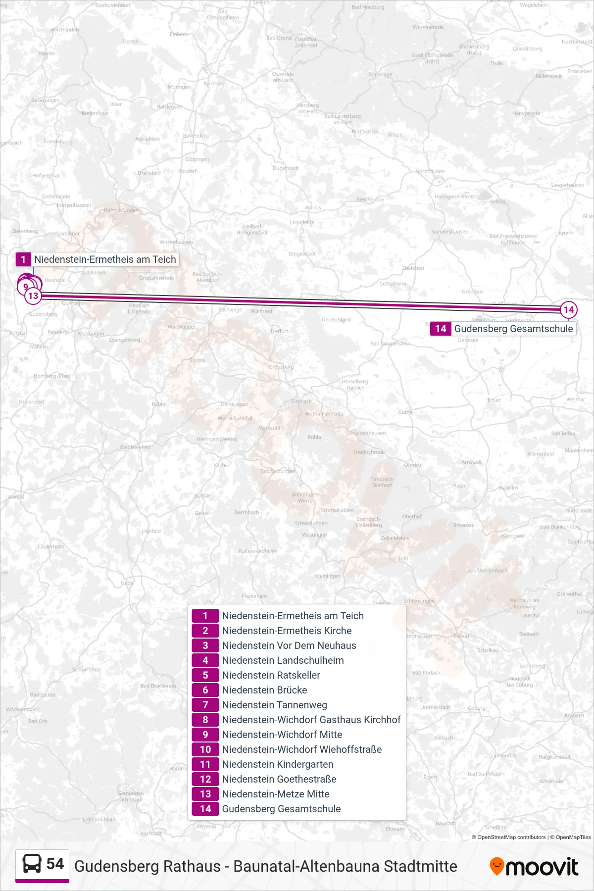 54 bus Line (Gud.Gesamtschule) route and stops on a map