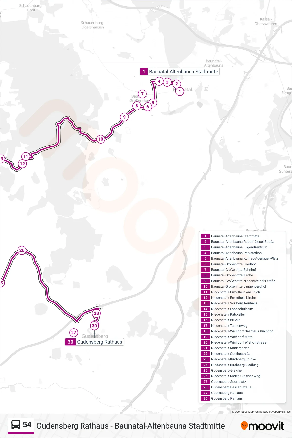 54 bus Line (Gudensberg Rathaus) route and stops on a map