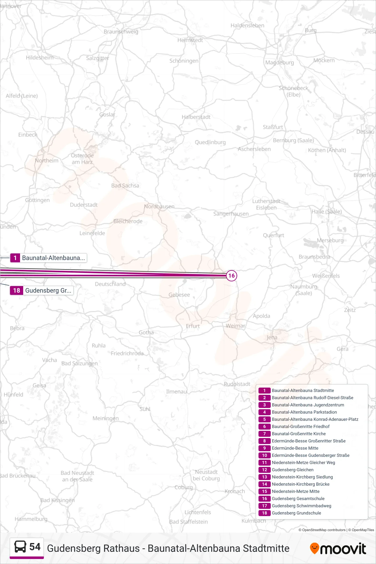 54 bus Line (Gudensberg Grds) route and stops on a map