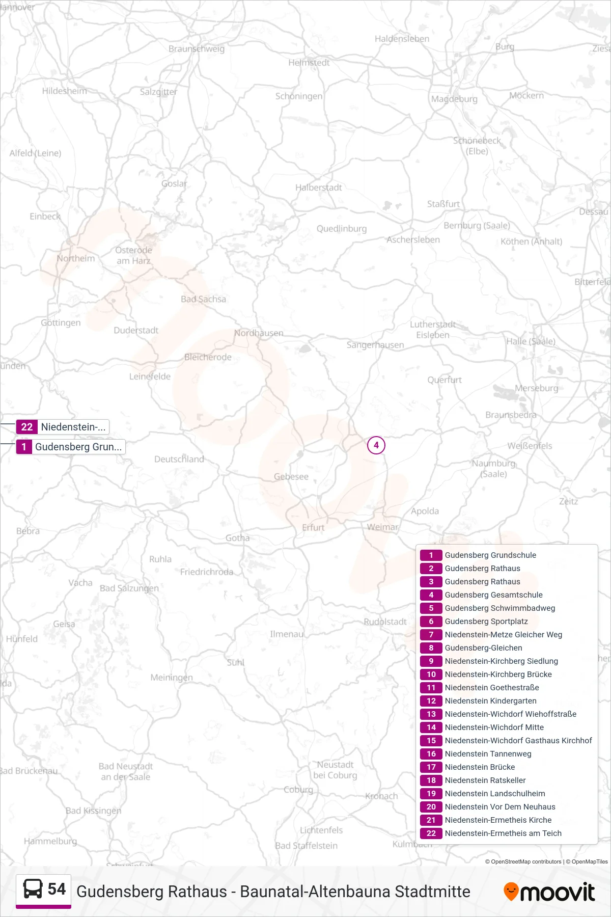 54 bus Line (Ermetheis) route and stops on a map