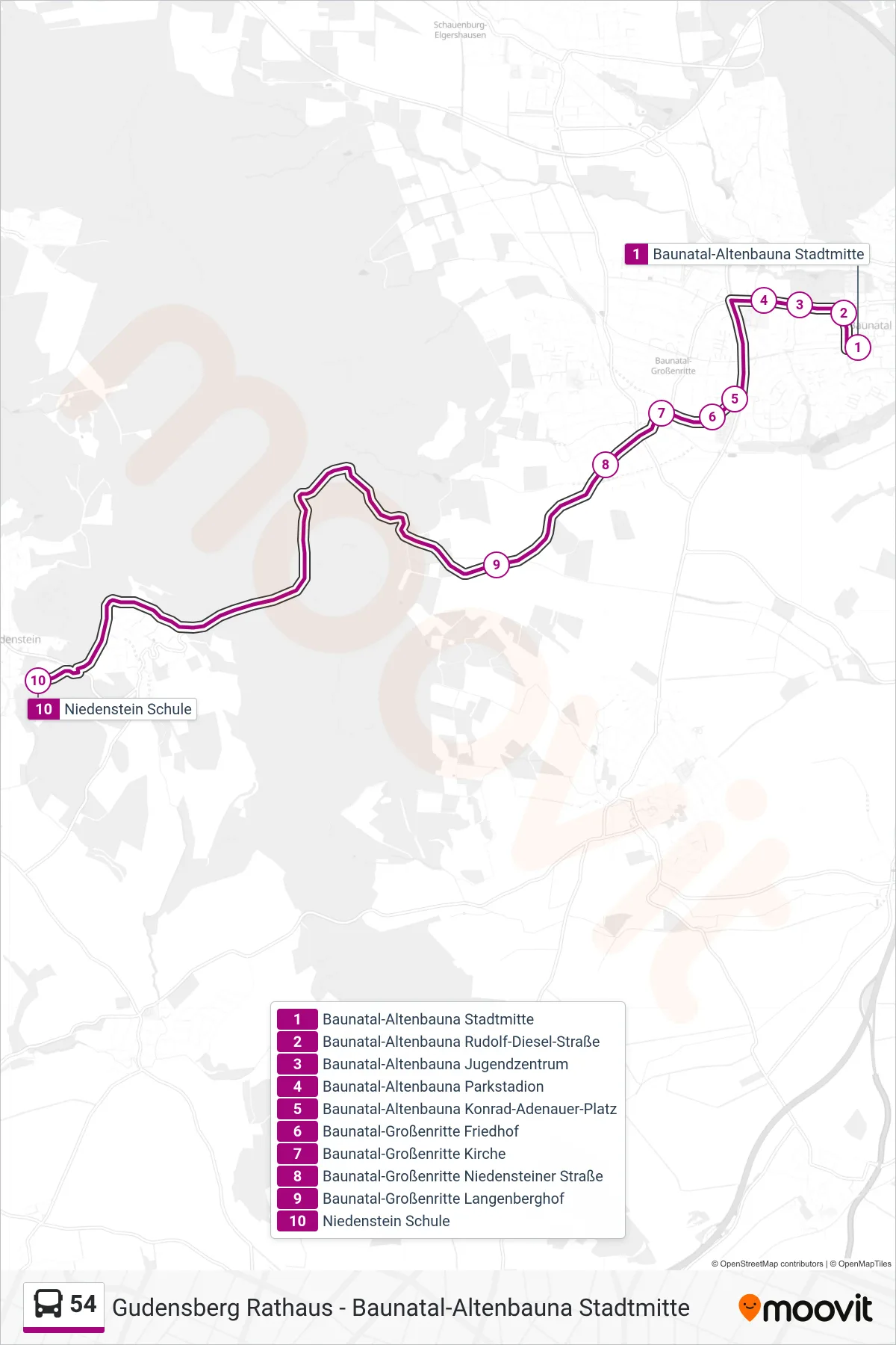 54 bus Line (Niedenstein) route and stops on a map