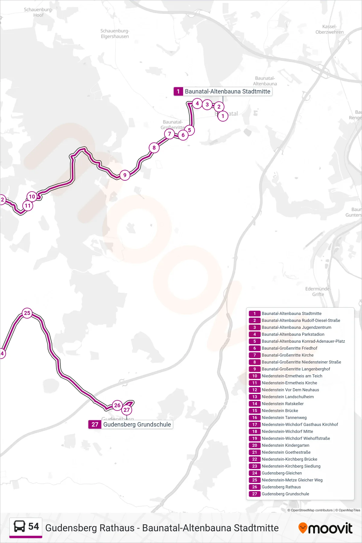 54 bus Line (Gudensberg Grundschule) route and stops on a map