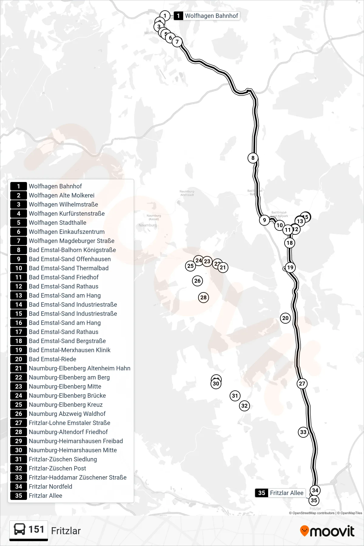 Linie 151 (Bus) Richtung Fritzlar: Route und Haltestellen auf der Karte
