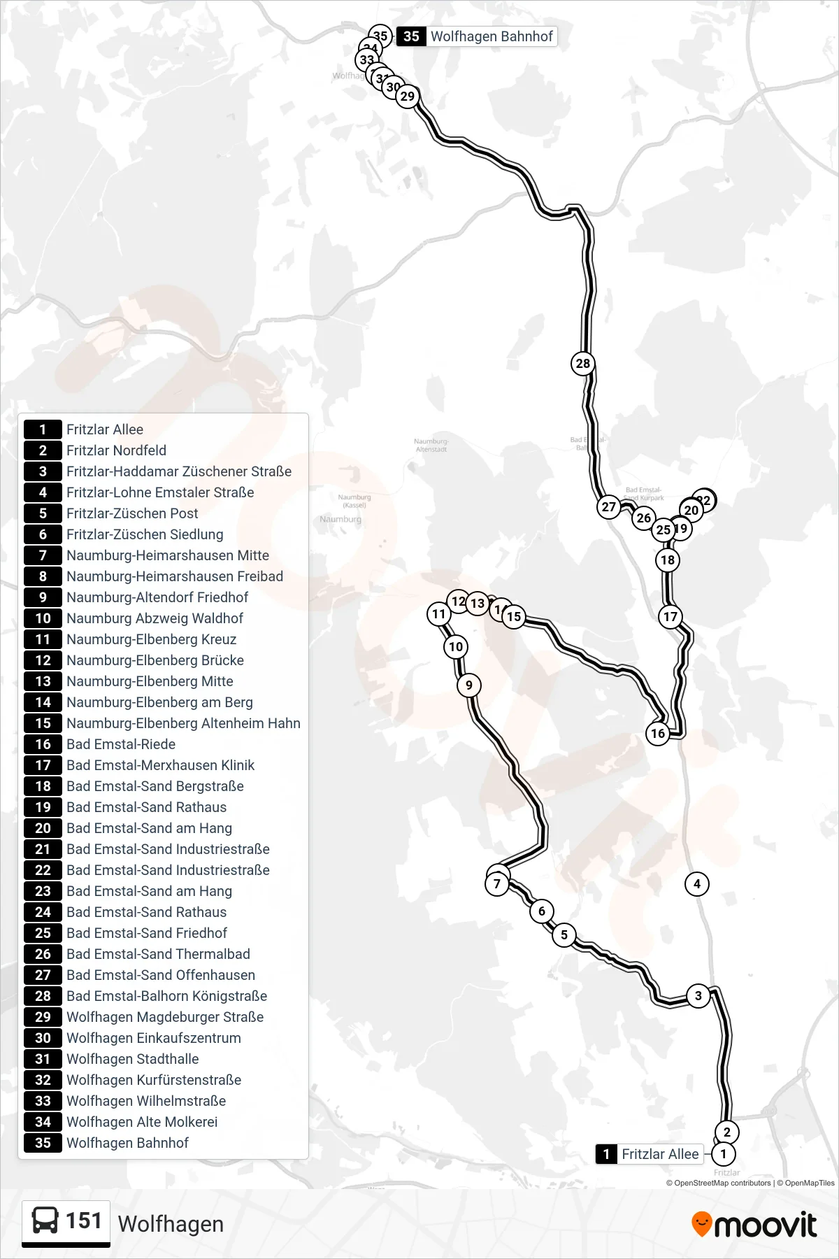 151 bus Line (Wolfhagen) route and stops on a map