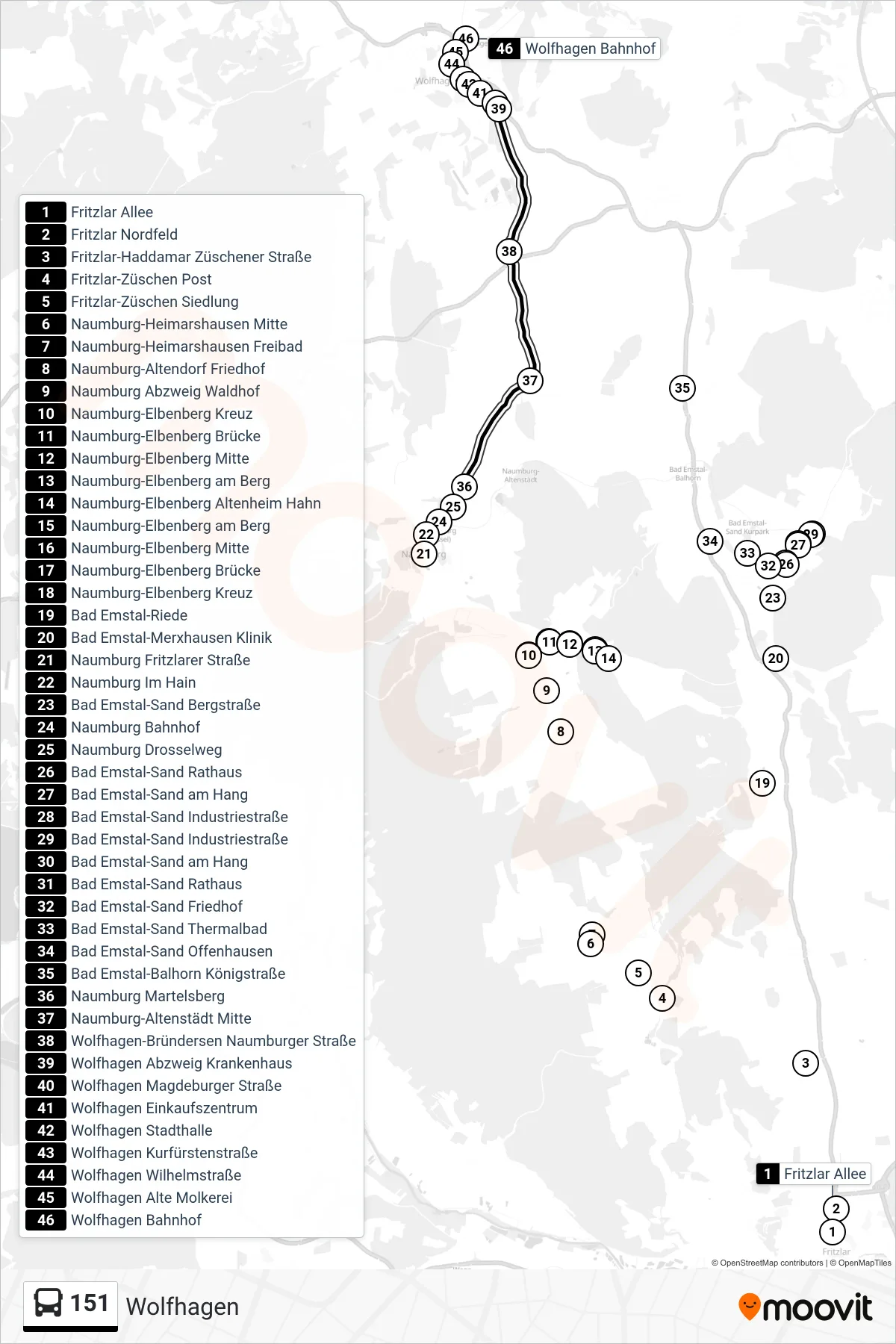 151 bus Line (Wolfhagen) route and stops on a map