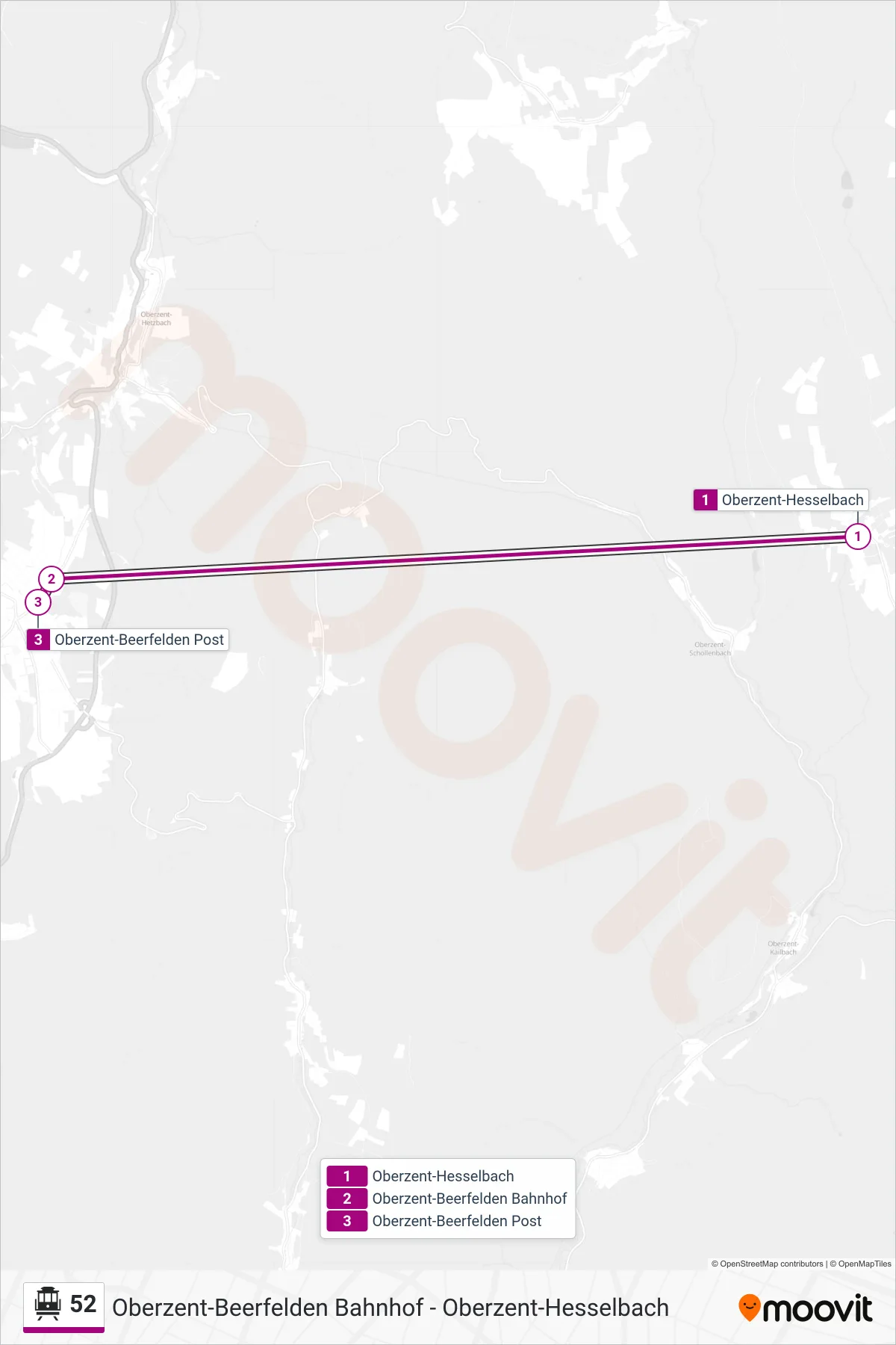 52 S-Bahn Line (Oberzent-Beerfelden Post) route and stops on a map