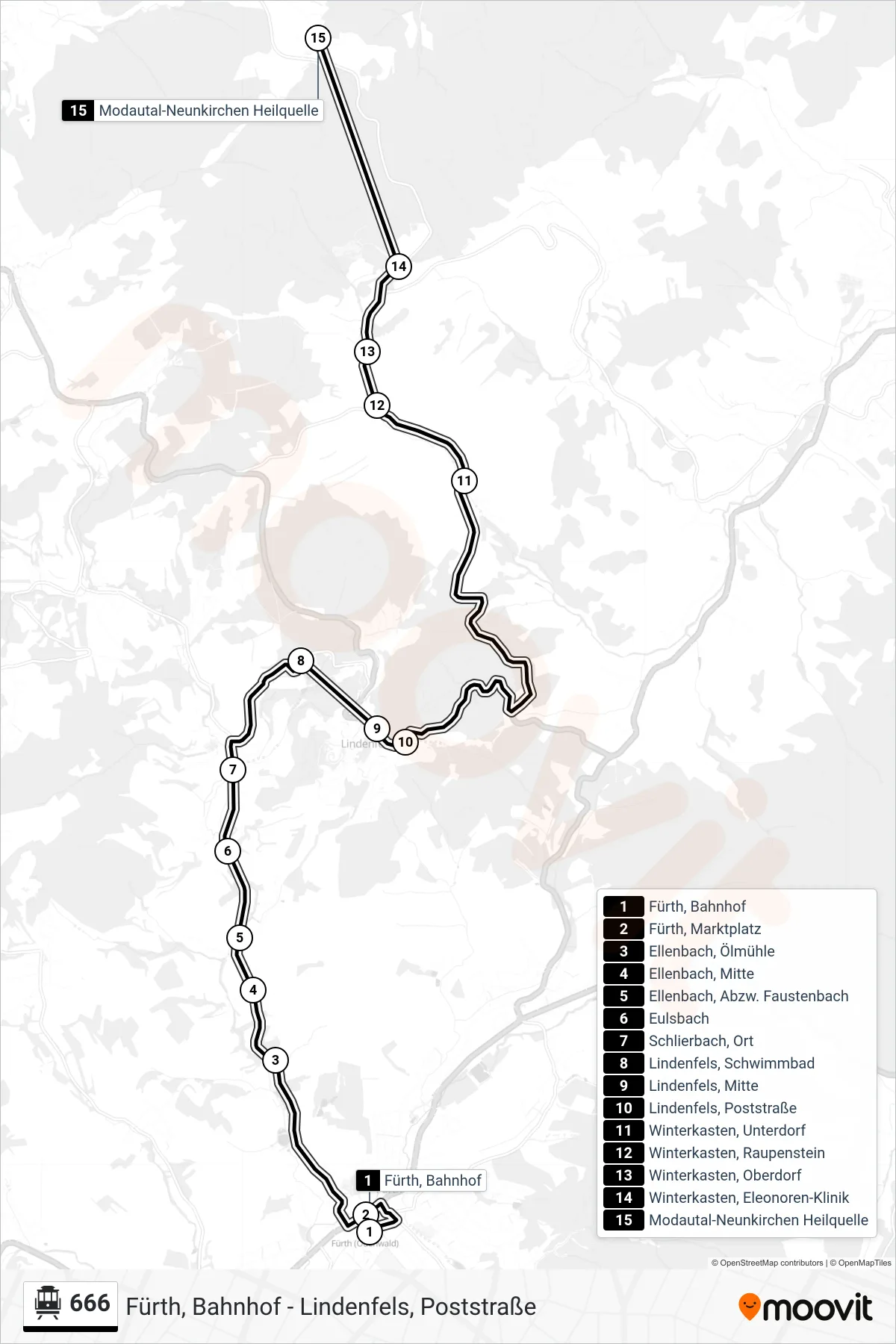 Linie 666 (Seilbahn) Richtung Modautal-Neunkirchen Heilquelle: Route und Haltestellen auf der Karte