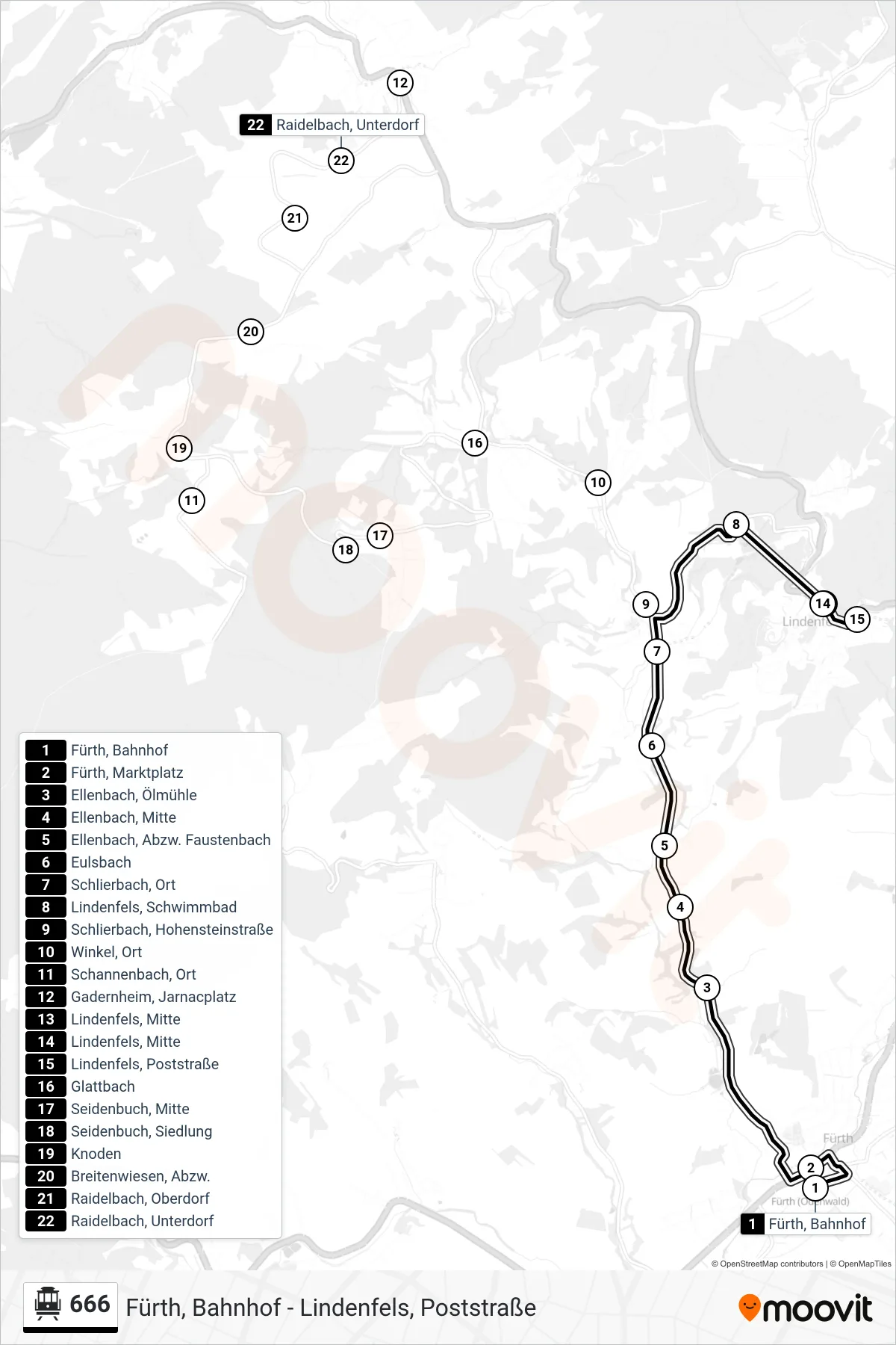 666 cable car Line (Lindenfels, Poststraße) route and stops on a map