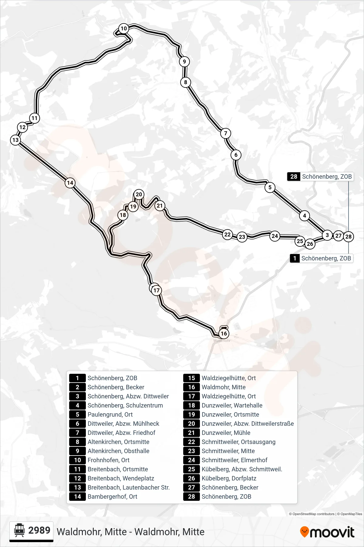 2989 cable car Line (Schönenberg, ZOB) route and stops on a map