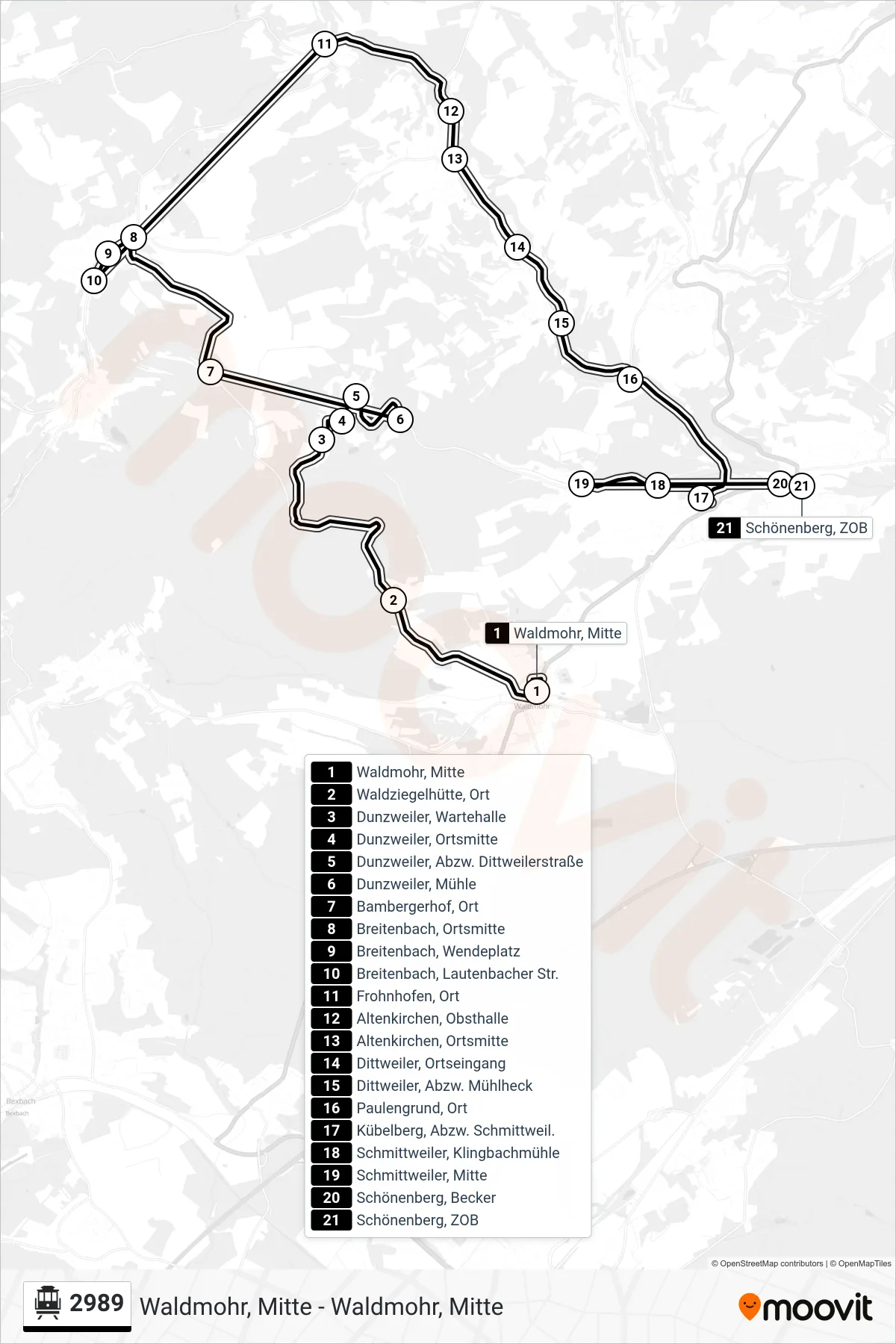 2989 S-Bahn Line (Schönenberg, ZOB) route and stops on a map