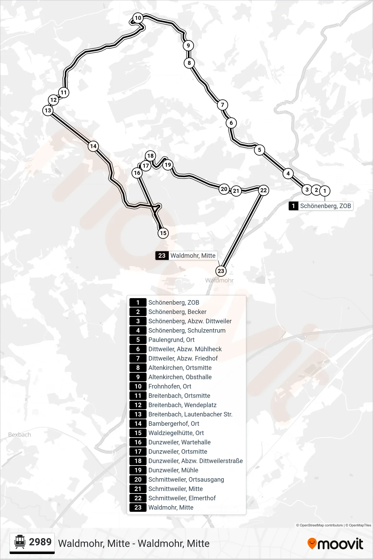 Linie 2989 (S-Bahn) Richtung Waldmohr, Mitte: Route und Haltestellen auf der Karte