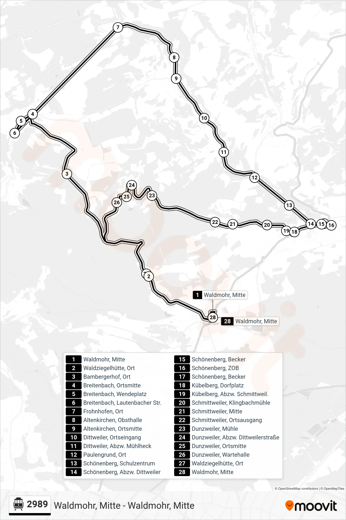 2989 cable car Line (Waldmohr, Mitte) route and stops on a map