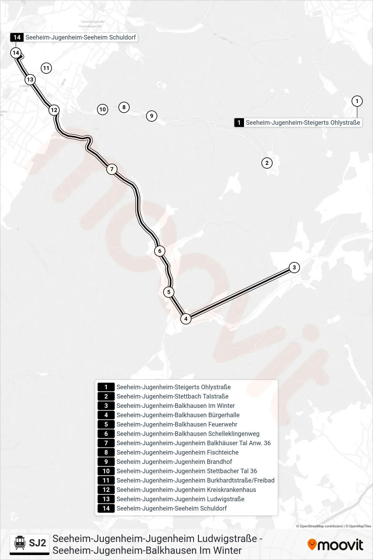 Linie SJ2 (S-Bahn) Richtung Seeheim-Jugenheim-Seeheim Schuldorf: Route und Haltestellen auf der Karte