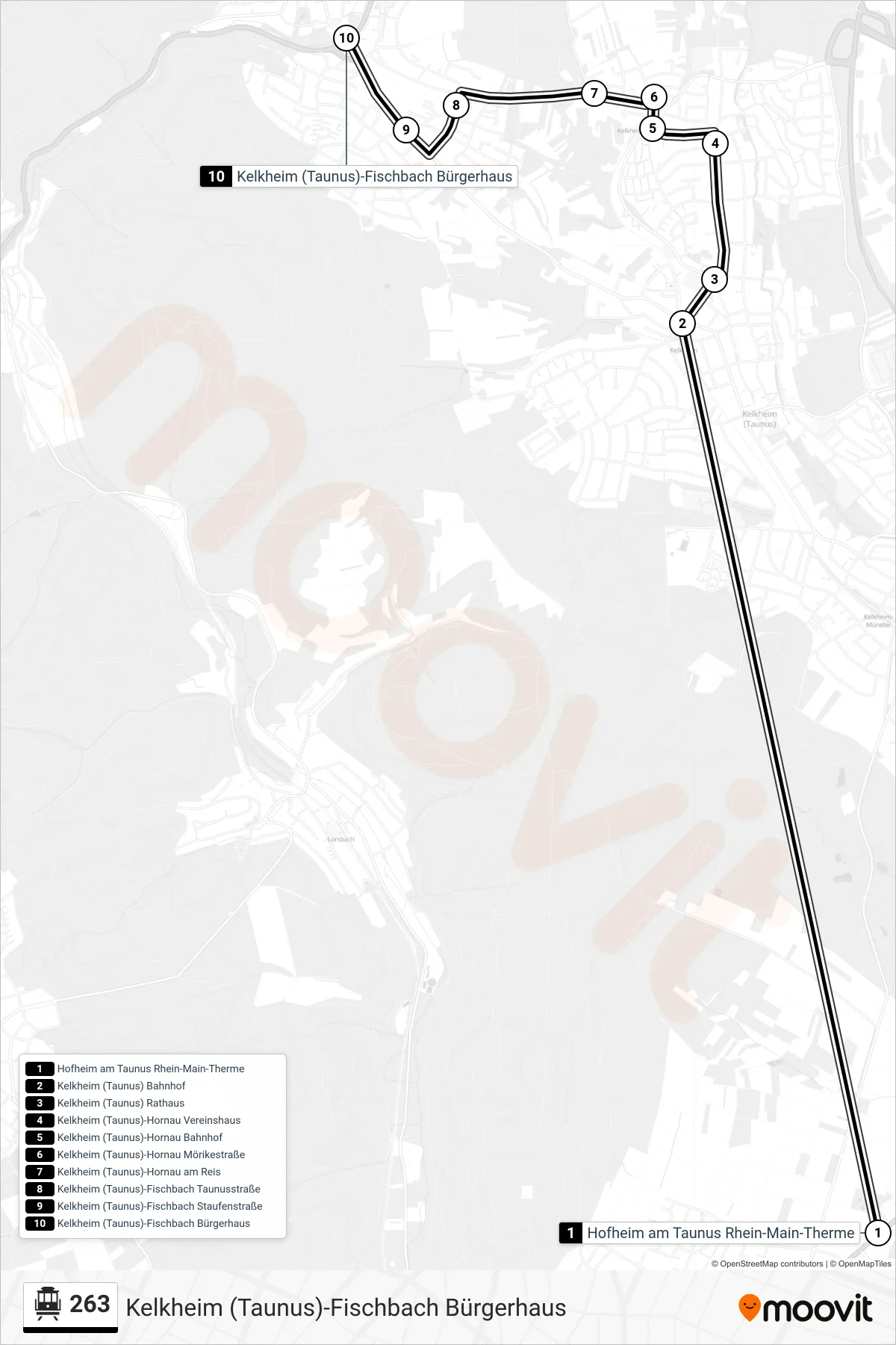 Linie 263 (Seilbahn) Richtung Kelkheim (Taunus)-Fischbach Bürgerhaus: Route und Haltestellen auf der Karte