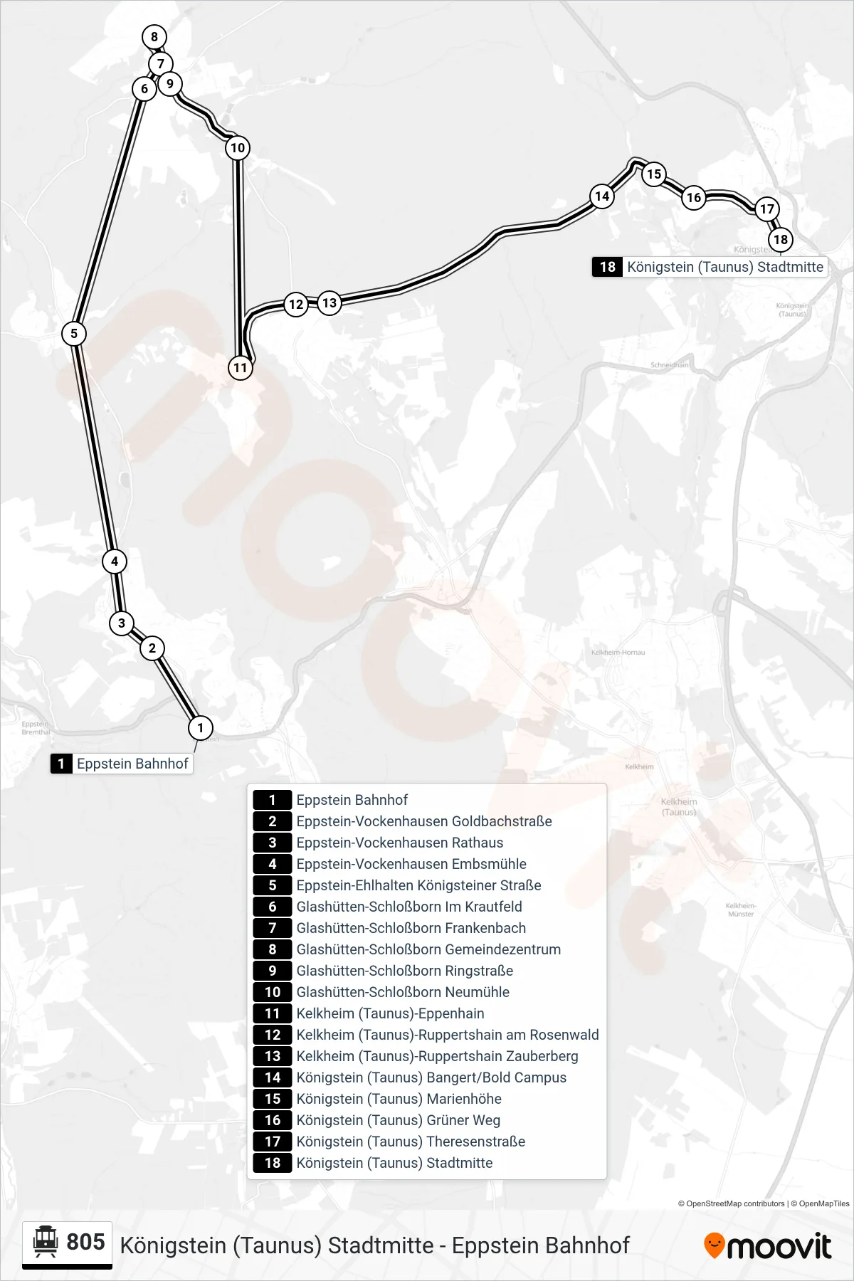 805 S-Bahn Line (Königstein (Taunus) Stadtmitte) route and stops on a map