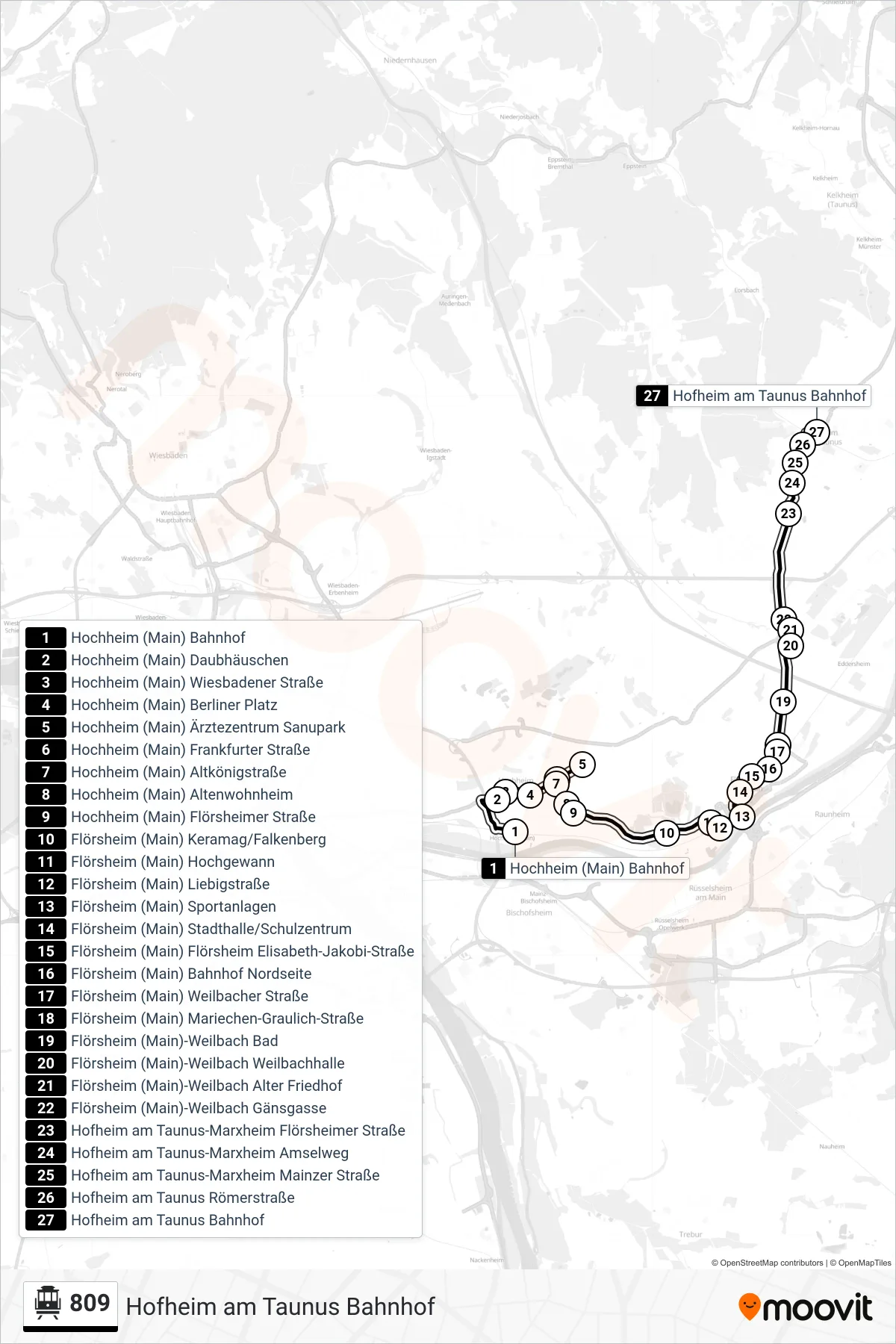 Linie 809 (Seilbahn) Richtung Hofheim am Taunus Bahnhof: Route und Haltestellen auf der Karte