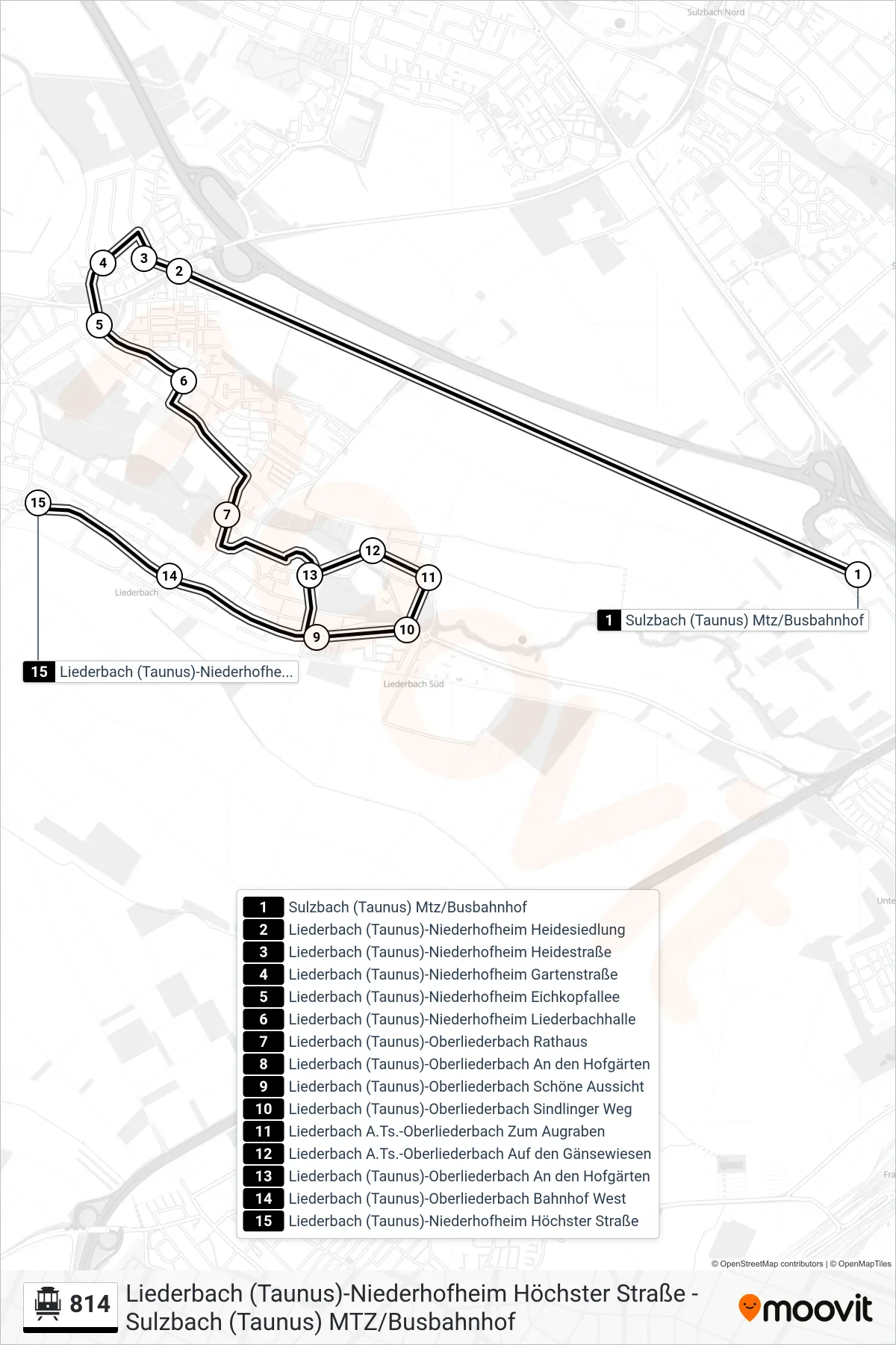 Linie 814 (Seilbahn) Richtung Liederbach (Taunus)-Niederhofheim Höchster Straße: Route und Haltestellen auf der Karte