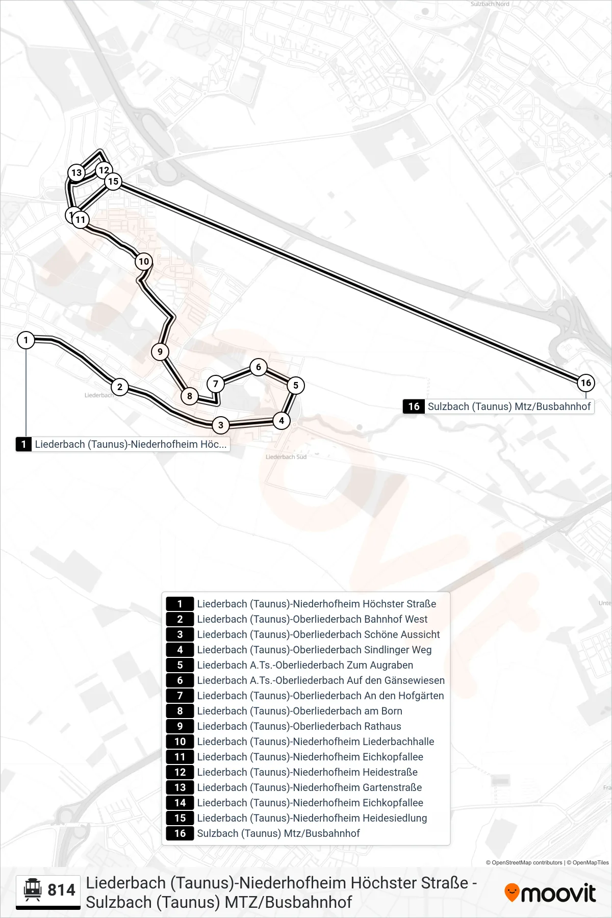 814 S-Bahn Line (Sulzbach (Taunus) Mtz/Busbahnhof) route and stops on a map