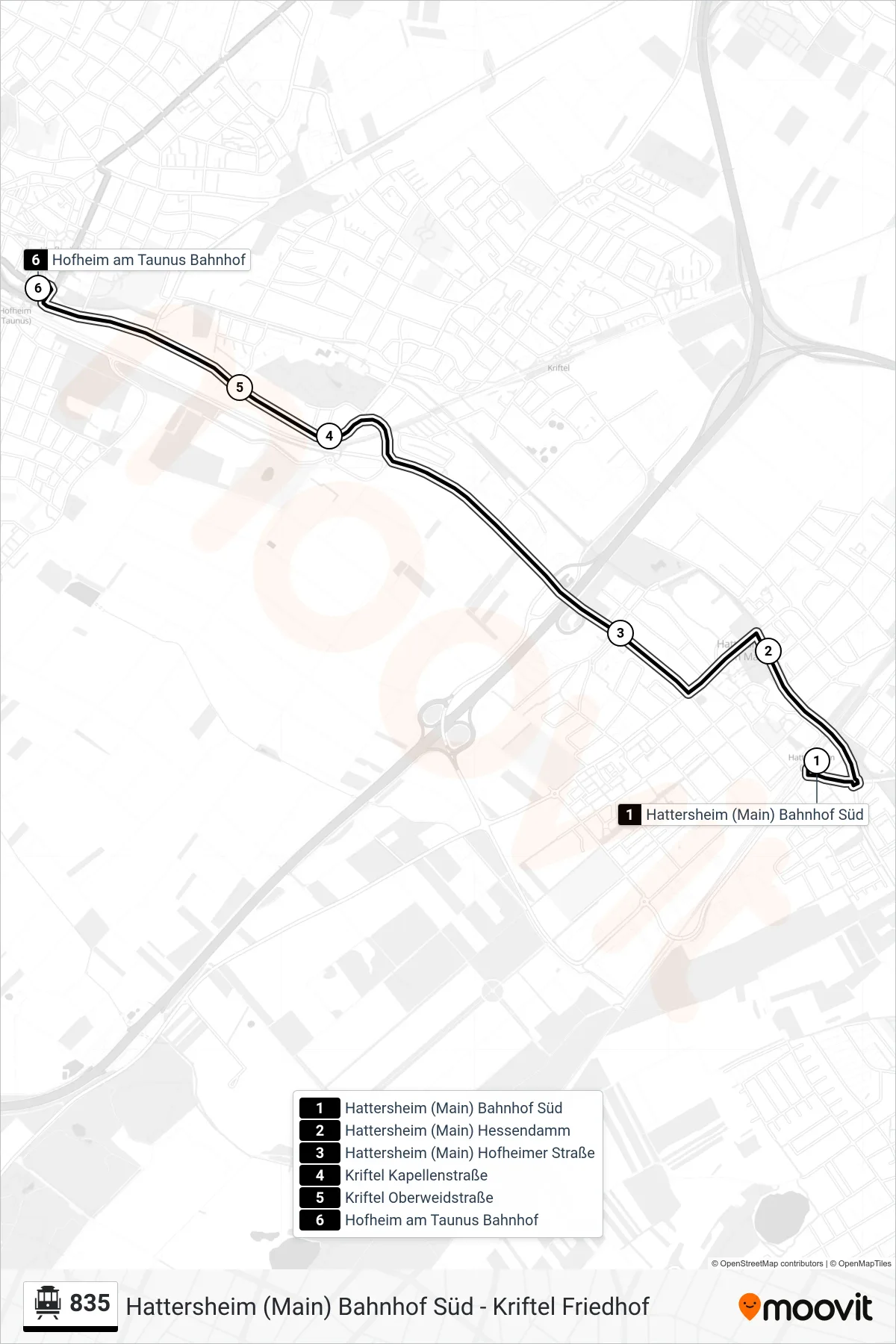 835 S-Bahn Line (Hofheim am Taunus Bahnhof) route and stops on a map