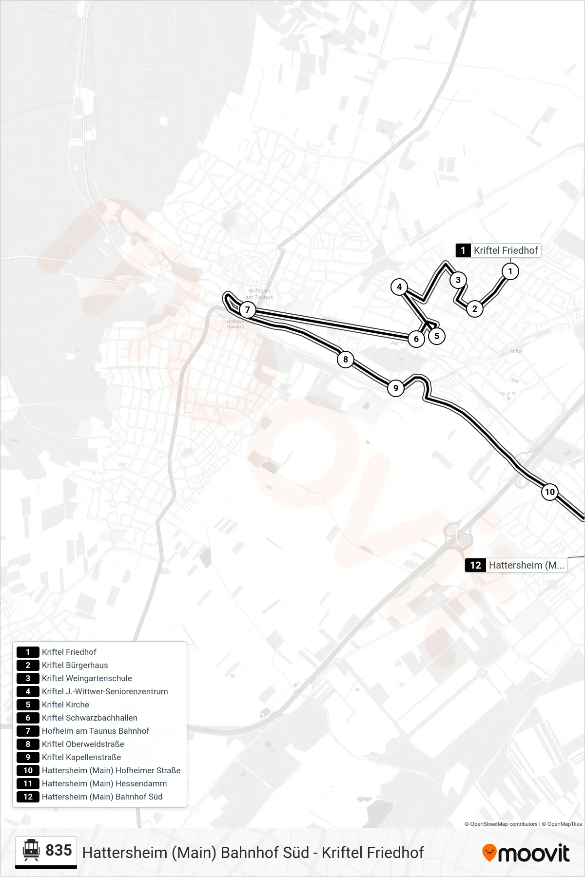 835 S-Bahn Line (Hattersheim (Main) Bahnhof Süd) route and stops on a map