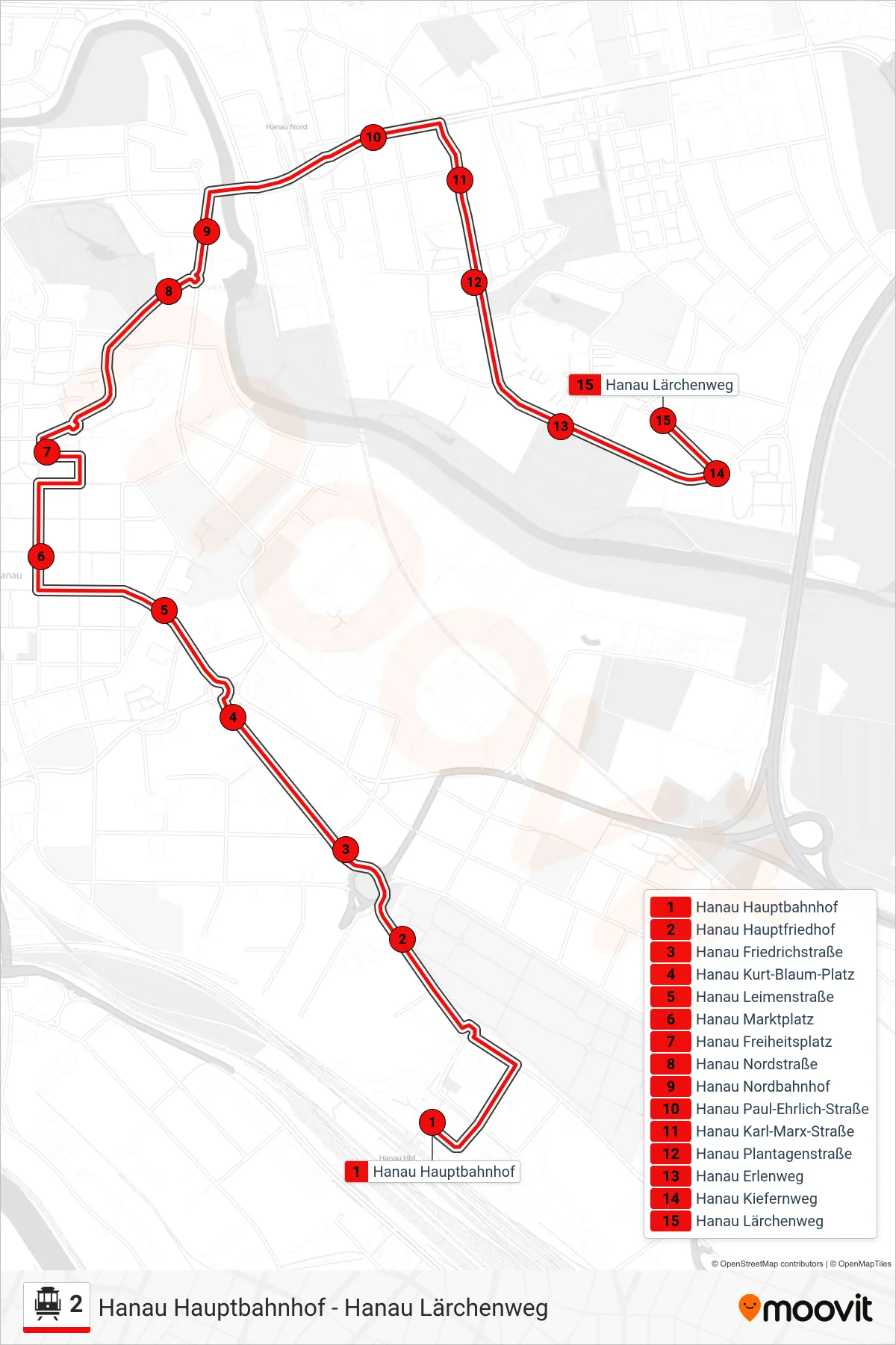 2 S-Bahn Line (Hanau Lärchenweg) route and stops on a map