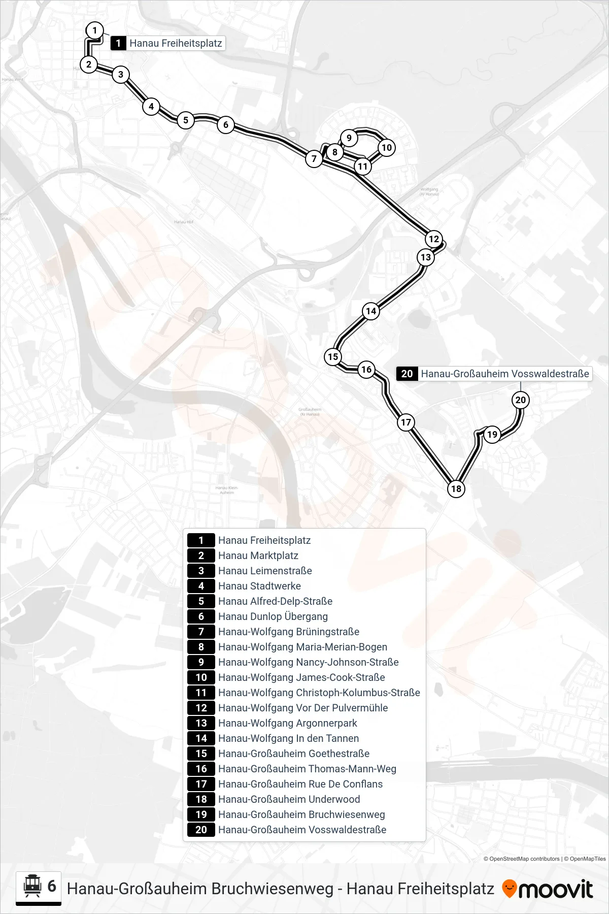 Linie 6 (S-Bahn) Richtung Hanau-Großauheim Vosswaldestraße: Route und Haltestellen auf der Karte