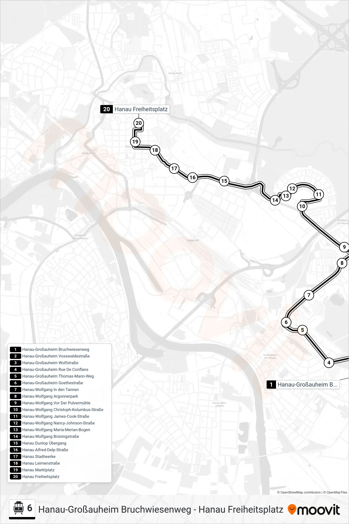 6 S-Bahn Line (Hanau Freiheitsplatz) route and stops on a map