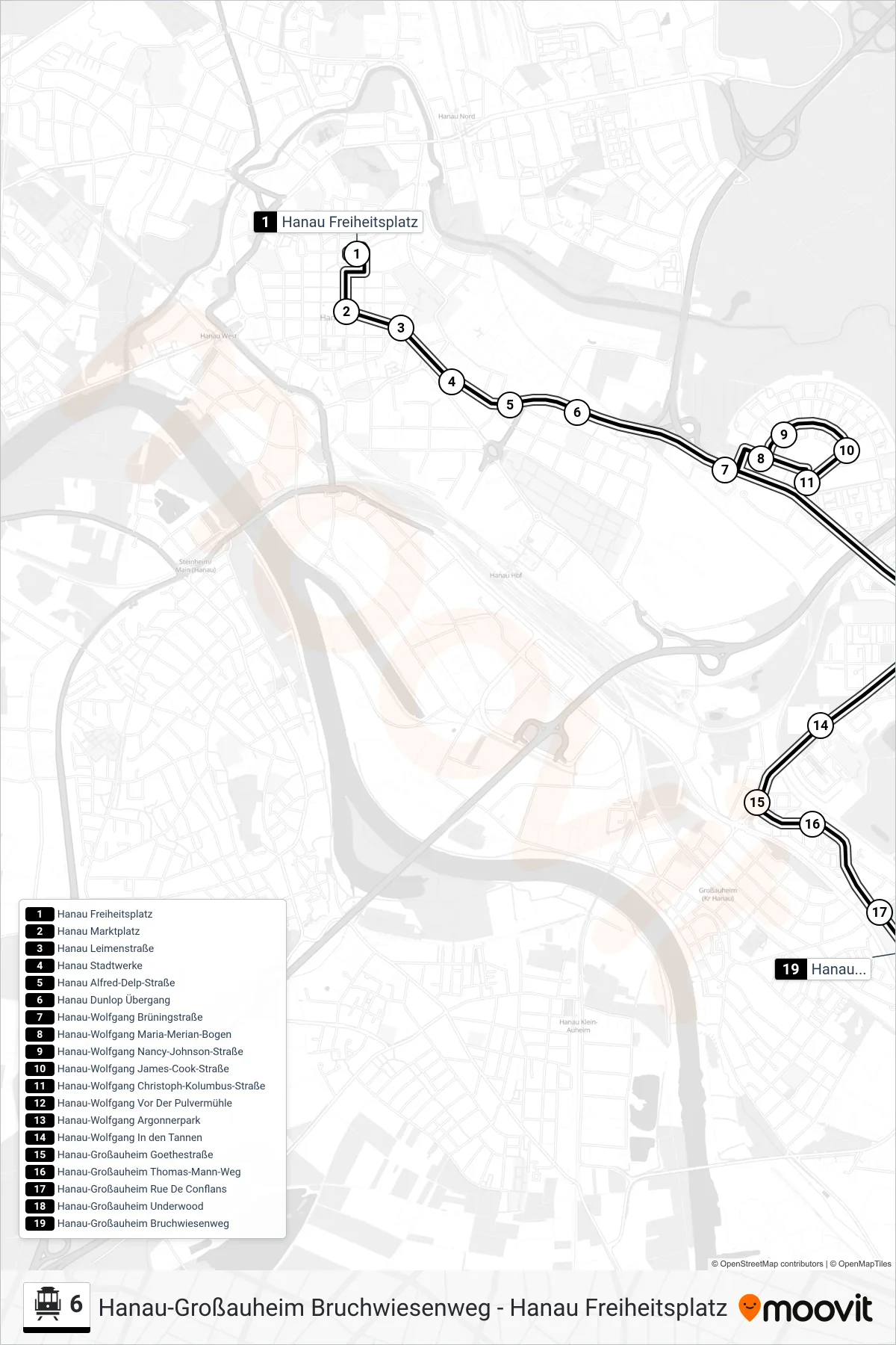 6 S-Bahn Line (Hanau-Großauheim Bruchwiesenweg) route and stops on a map